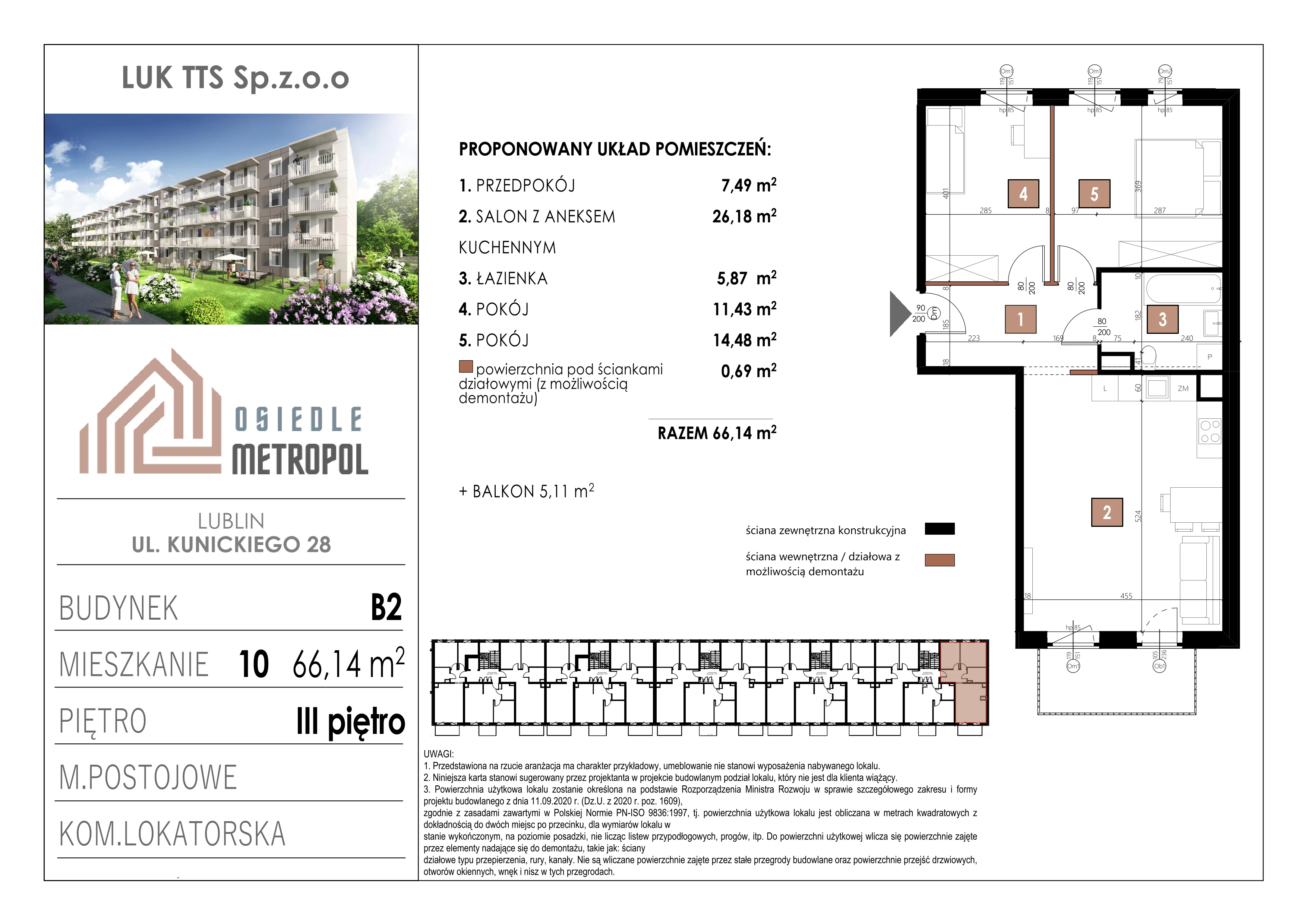 3 pokoje, mieszkanie 66,14 m², piętro 3, oferta nr 10, Osiedle Metropol, Lublin, Dziesiąta, ul. Kunickiego 28