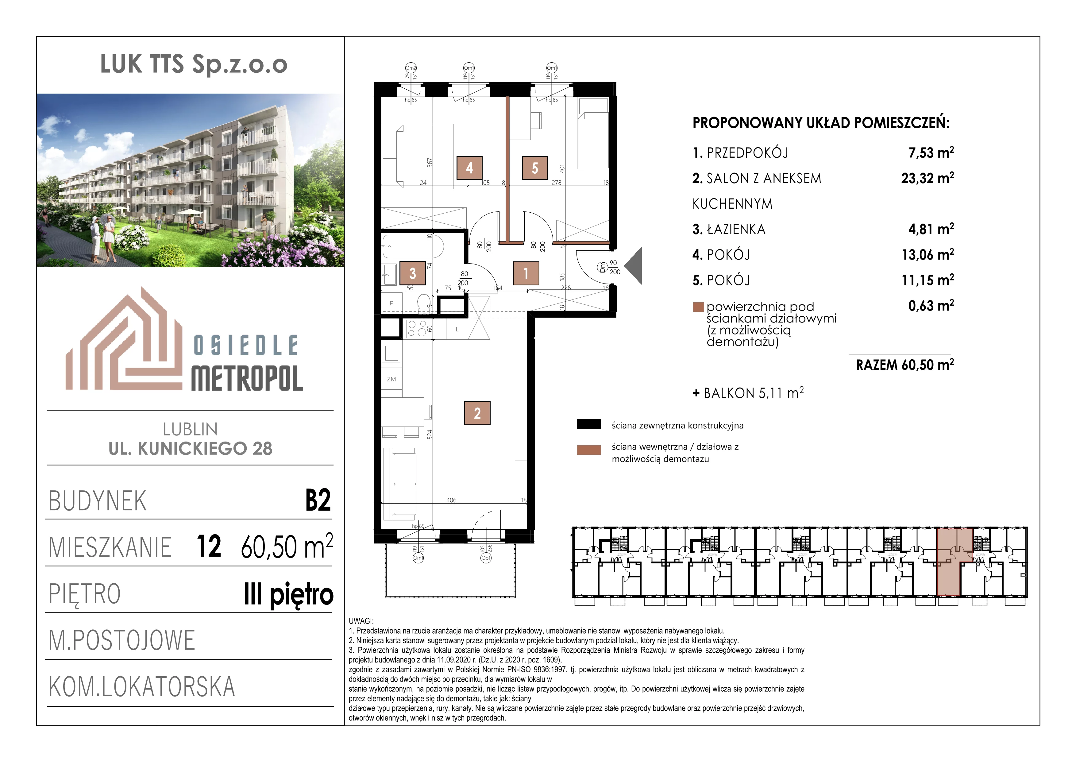 3 pokoje, mieszkanie 60,50 m², piętro 3, oferta nr 12, Osiedle Metropol, Lublin, Dziesiąta, ul. Kunickiego 28