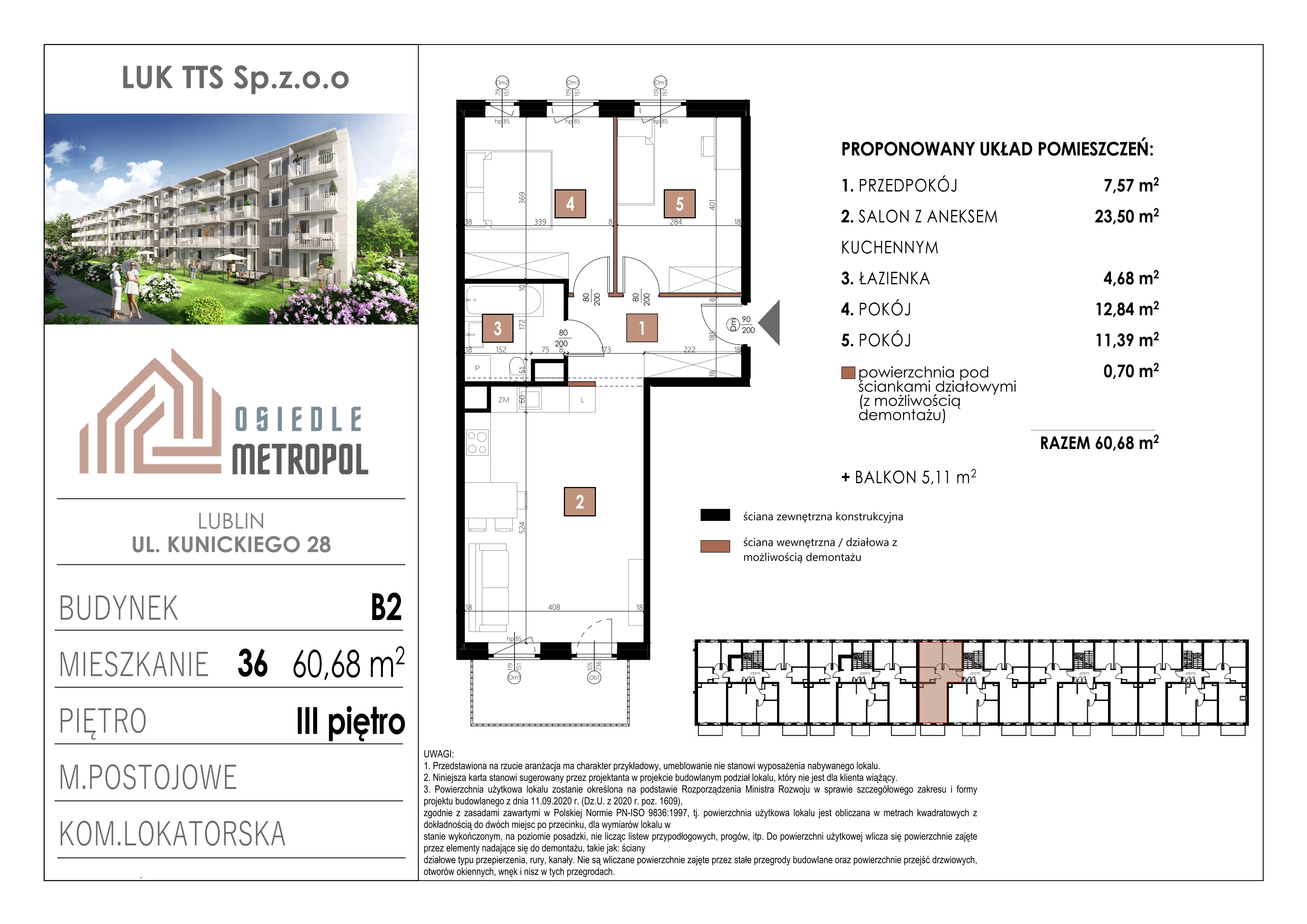 3 pokoje, mieszkanie 60,68 m², piętro 3, oferta nr 36, Osiedle Metropol, Lublin, Dziesiąta, ul. Kunickiego 28