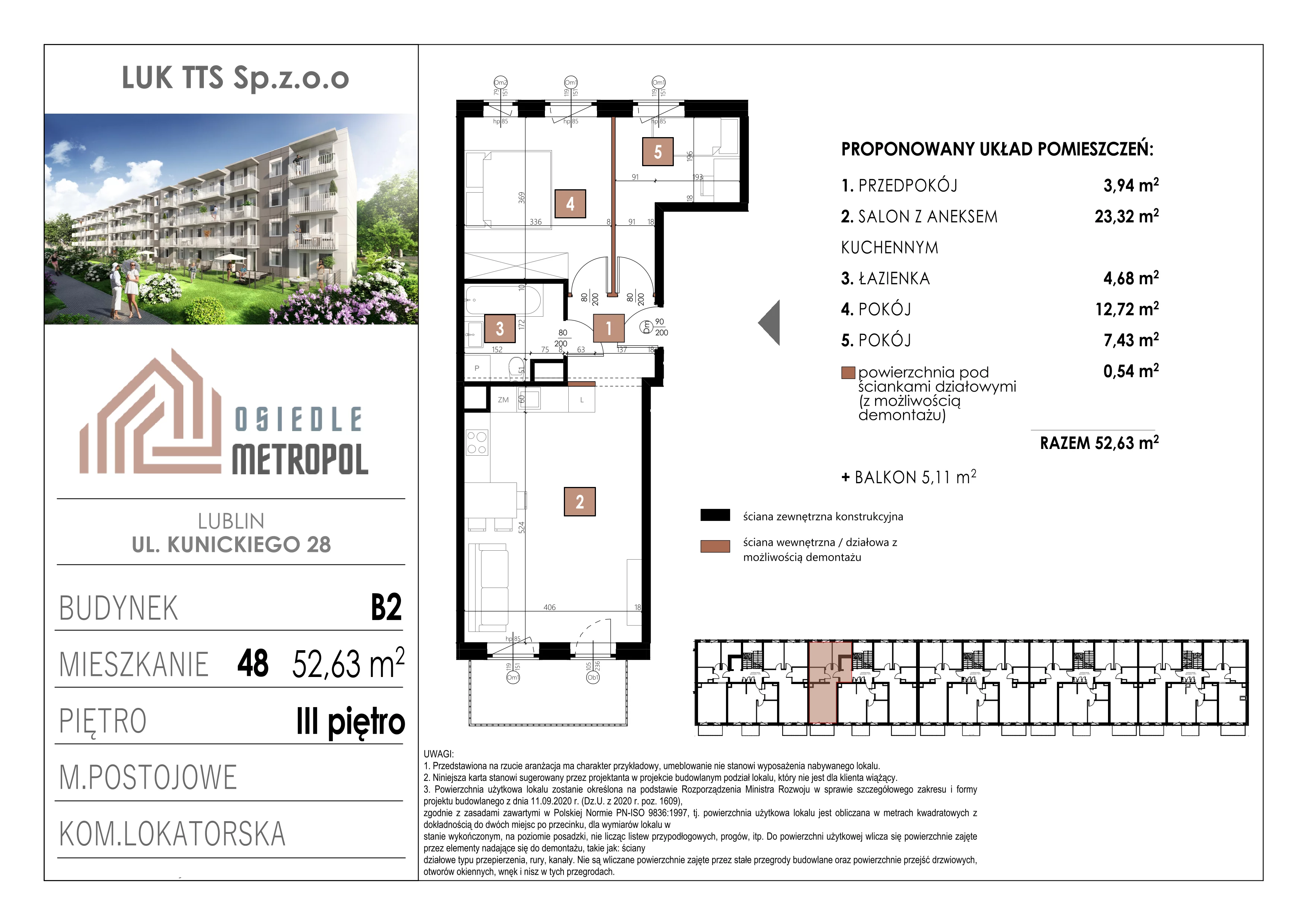 3 pokoje, mieszkanie 52,63 m², piętro 3, oferta nr 48, Osiedle Metropol, Lublin, Dziesiąta, ul. Kunickiego 28