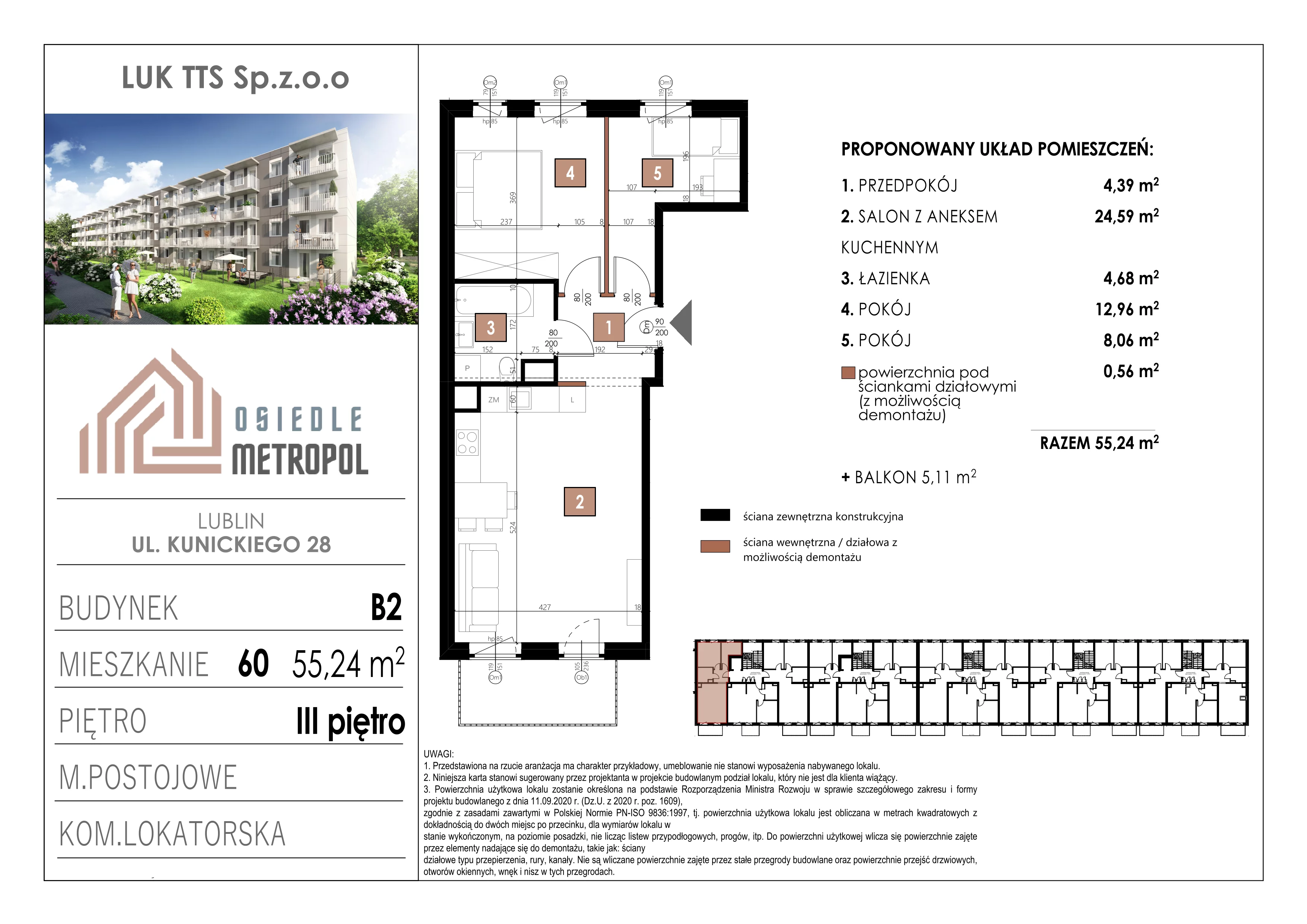 3 pokoje, mieszkanie 55,24 m², piętro 3, oferta nr 60, Osiedle Metropol, Lublin, Dziesiąta, ul. Kunickiego 28