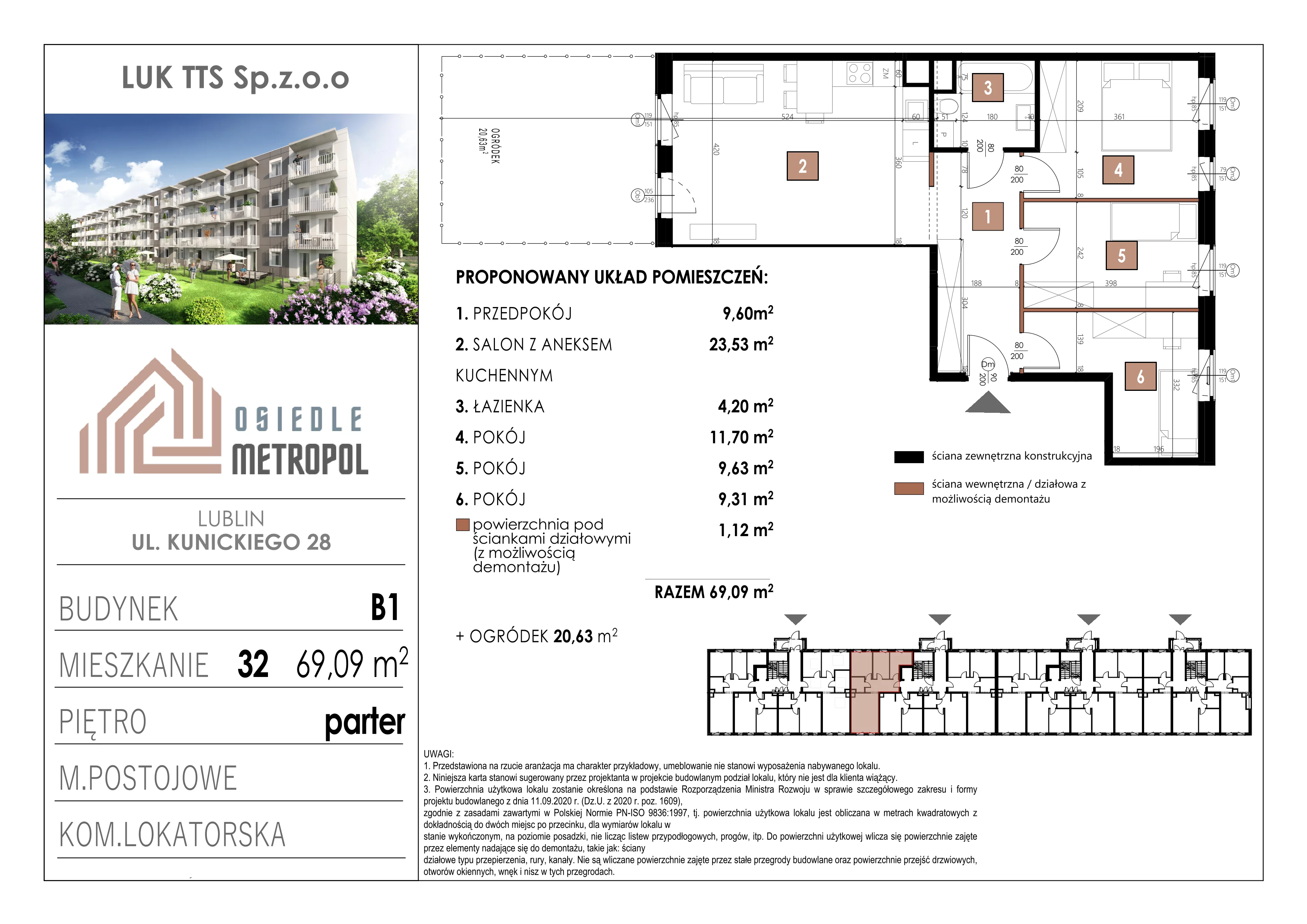 4 pokoje, mieszkanie 69,09 m², parter, oferta nr 32, Osiedle Metropol, Lublin, Dziesiąta, ul. Kunickiego 28