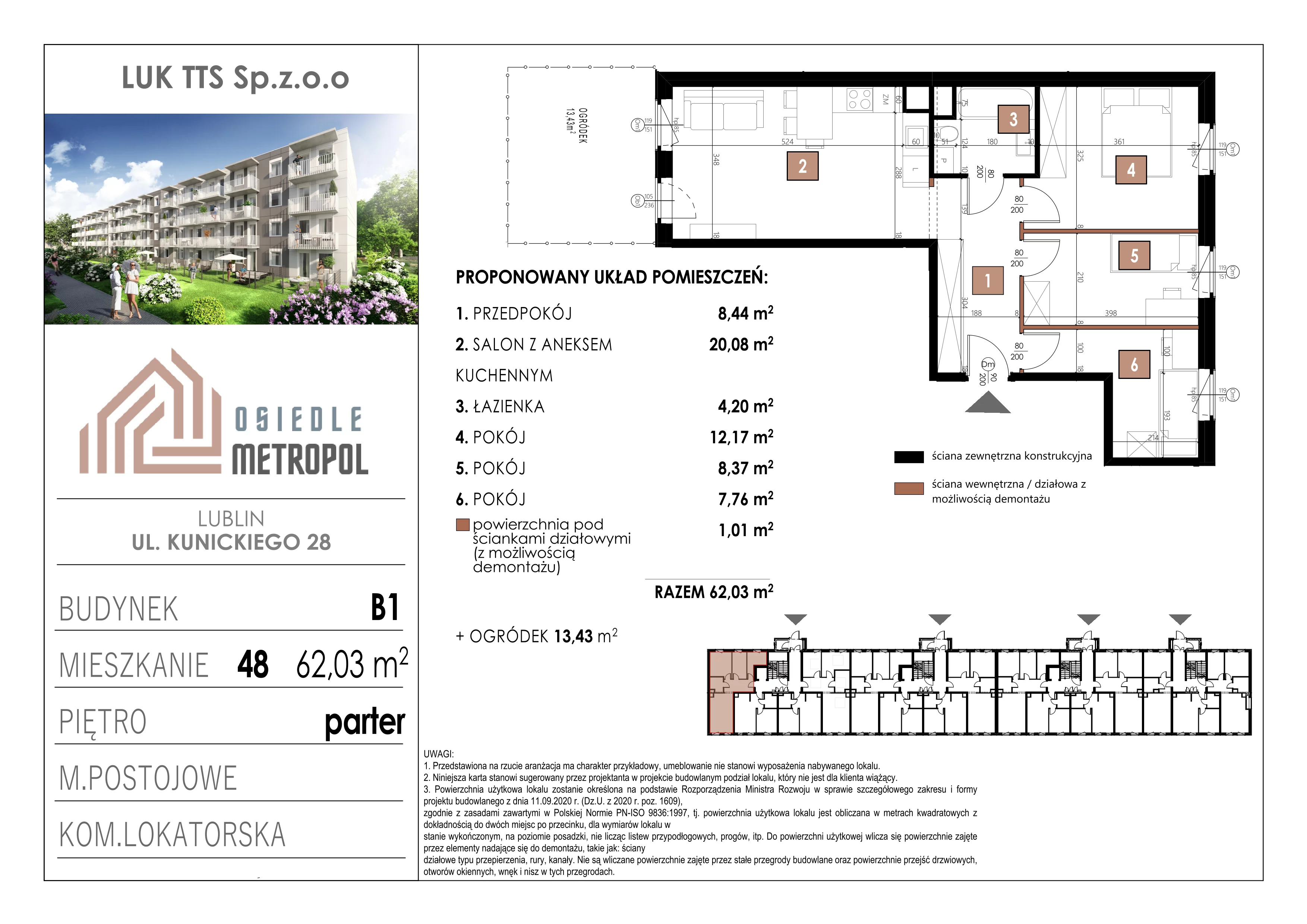 4 pokoje, mieszkanie 62,03 m², parter, oferta nr 48, Osiedle Metropol, Lublin, Dziesiąta, ul. Kunickiego 28