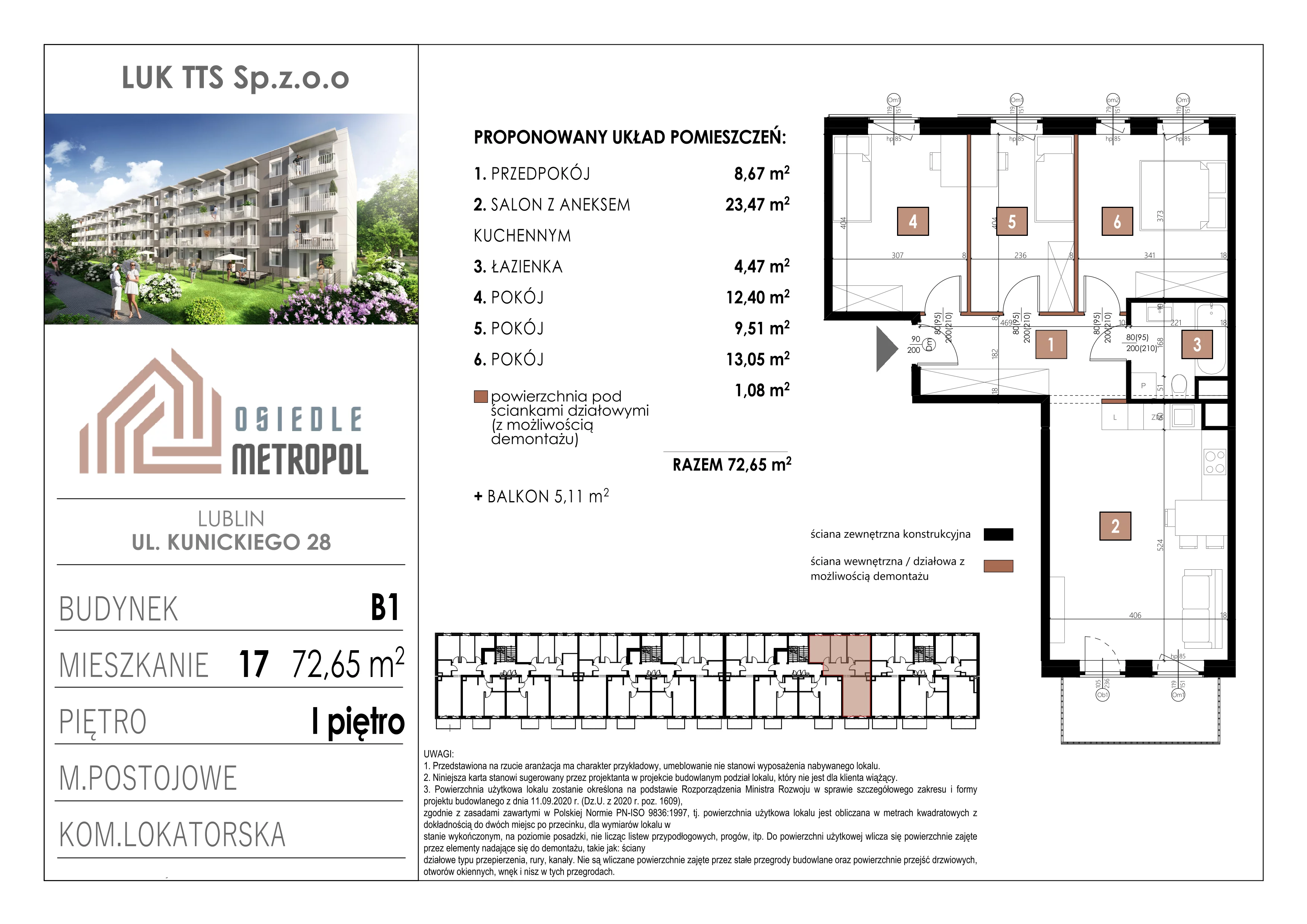 4 pokoje, mieszkanie 72,65 m², piętro 1, oferta nr 17, Osiedle Metropol, Lublin, Dziesiąta, ul. Kunickiego 28