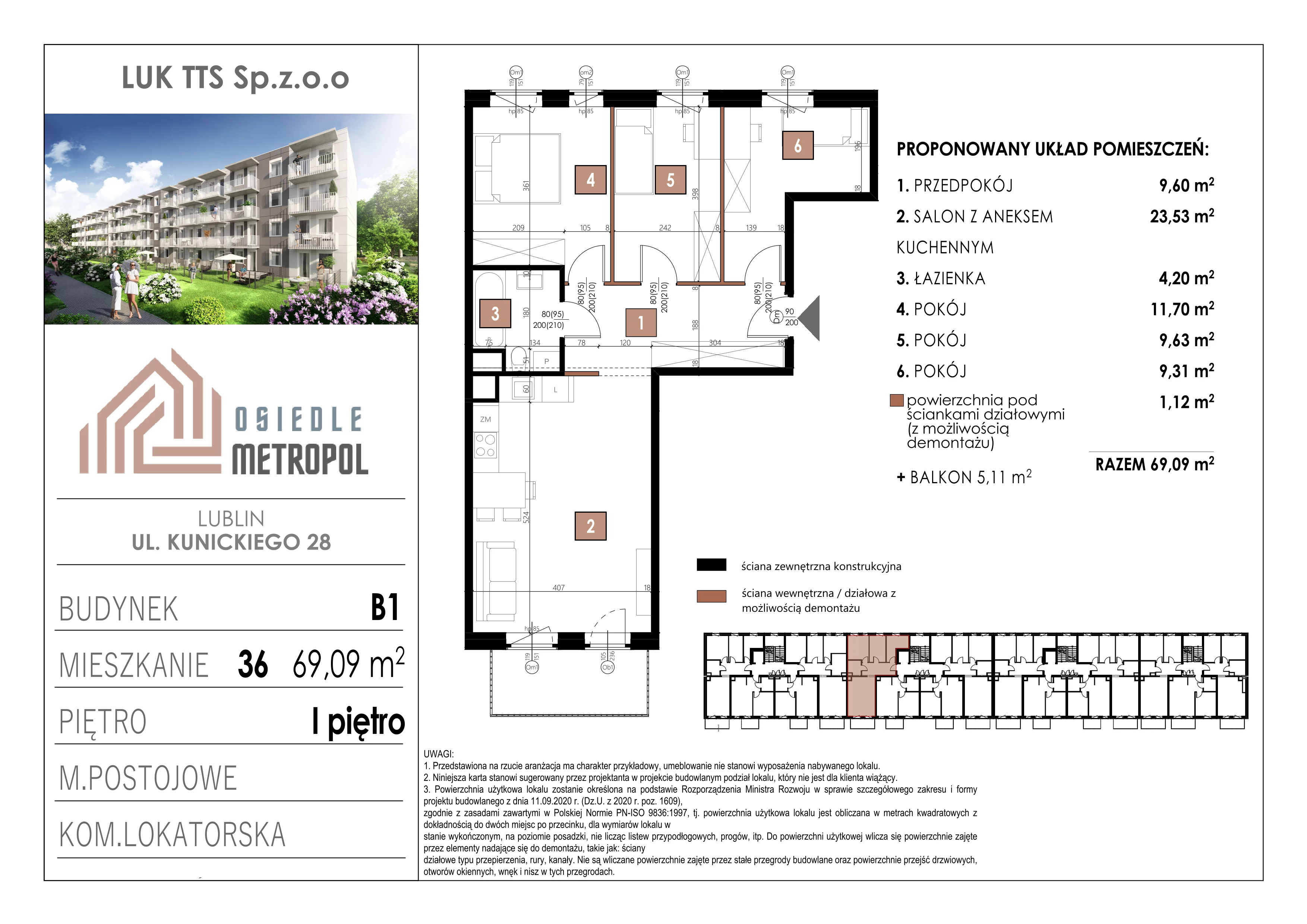 4 pokoje, mieszkanie 69,09 m², piętro 1, oferta nr 36, Osiedle Metropol, Lublin, Dziesiąta, ul. Kunickiego 28