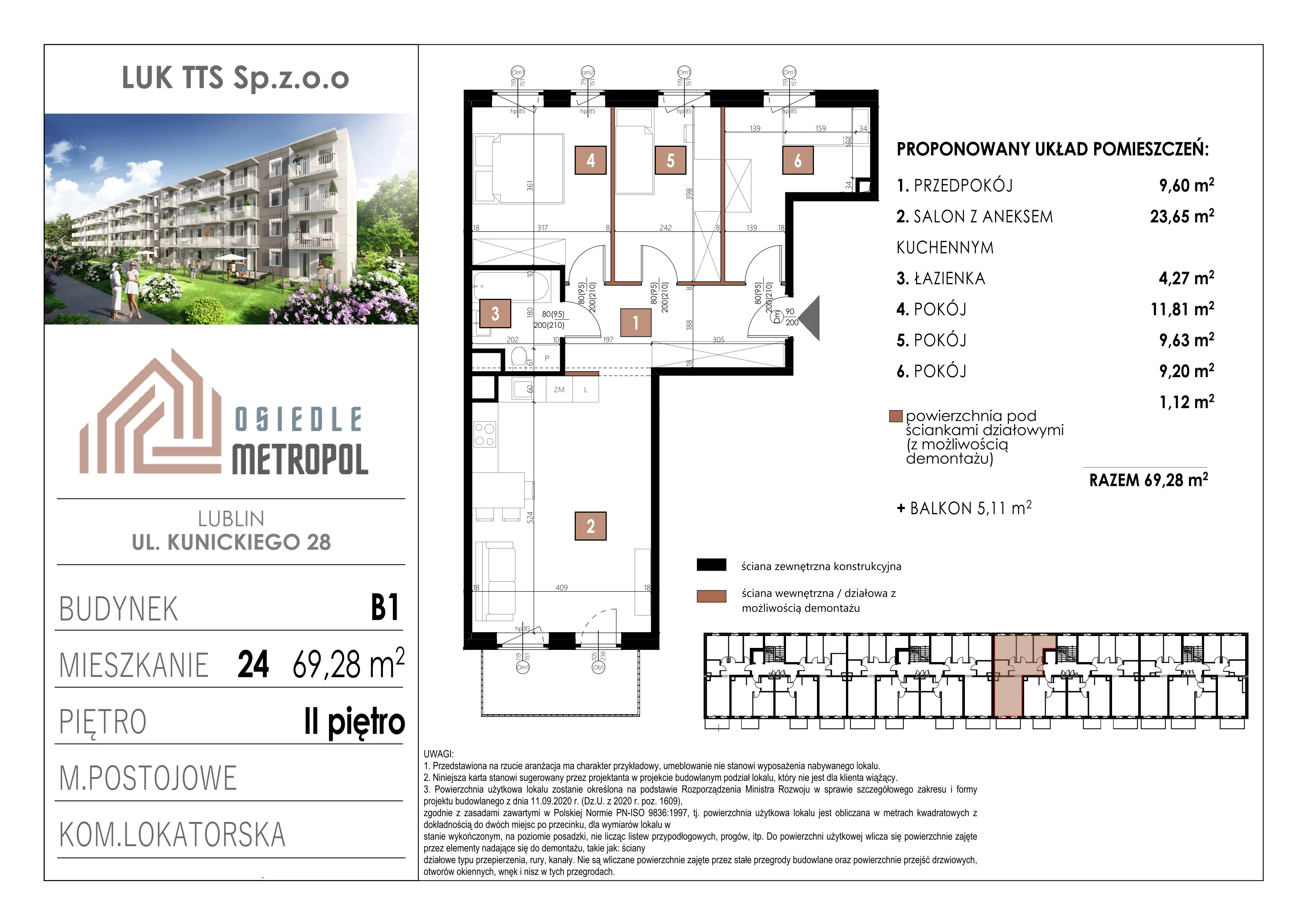4 pokoje, mieszkanie 69,28 m², piętro 2, oferta nr 24, Osiedle Metropol, Lublin, Dziesiąta, ul. Kunickiego 28