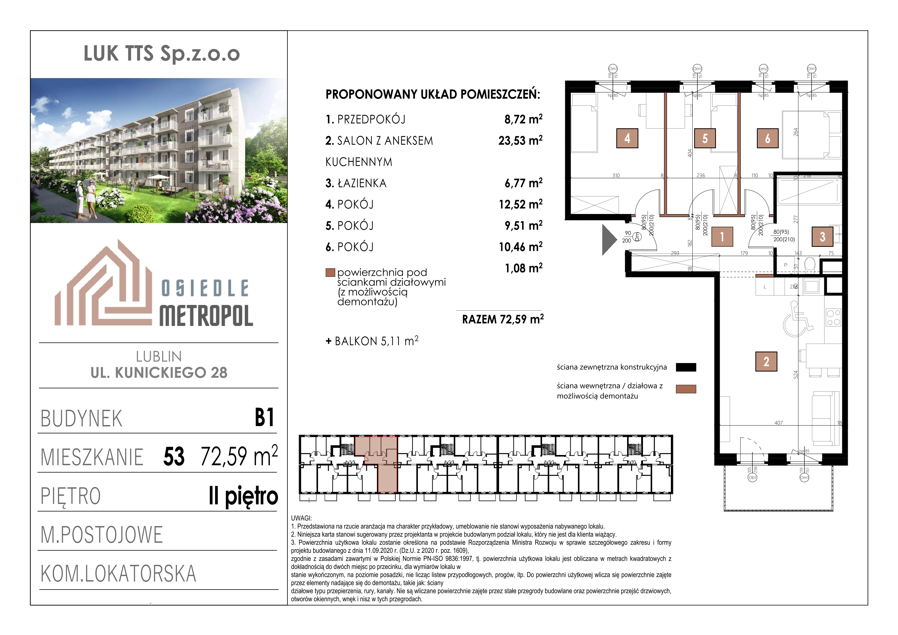 4 pokoje, mieszkanie 72,59 m², piętro 2, oferta nr 53, Osiedle Metropol, Lublin, Dziesiąta, ul. Kunickiego 28
