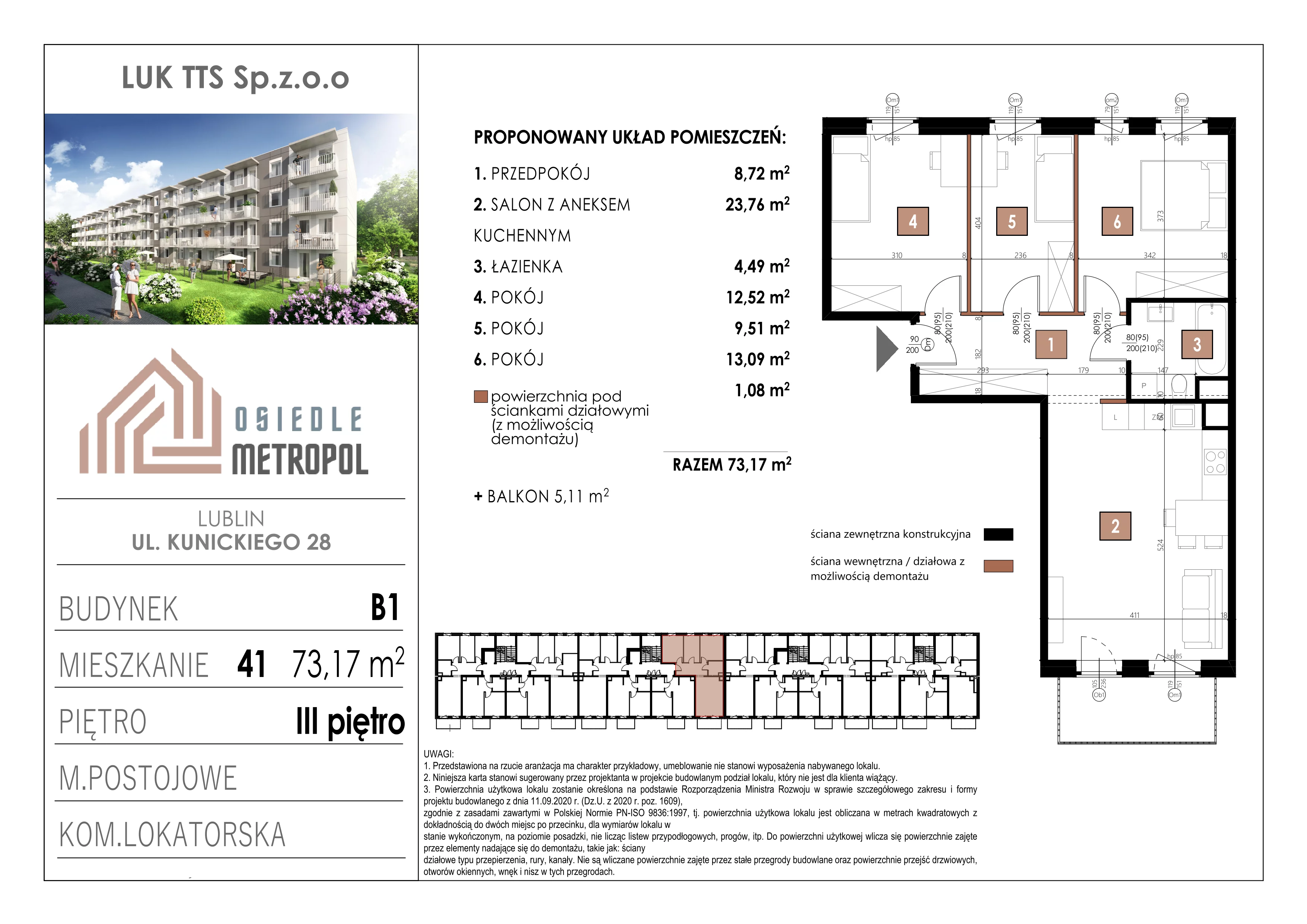 4 pokoje, mieszkanie 73,17 m², piętro 3, oferta nr 41, Osiedle Metropol, Lublin, Dziesiąta, ul. Kunickiego 28