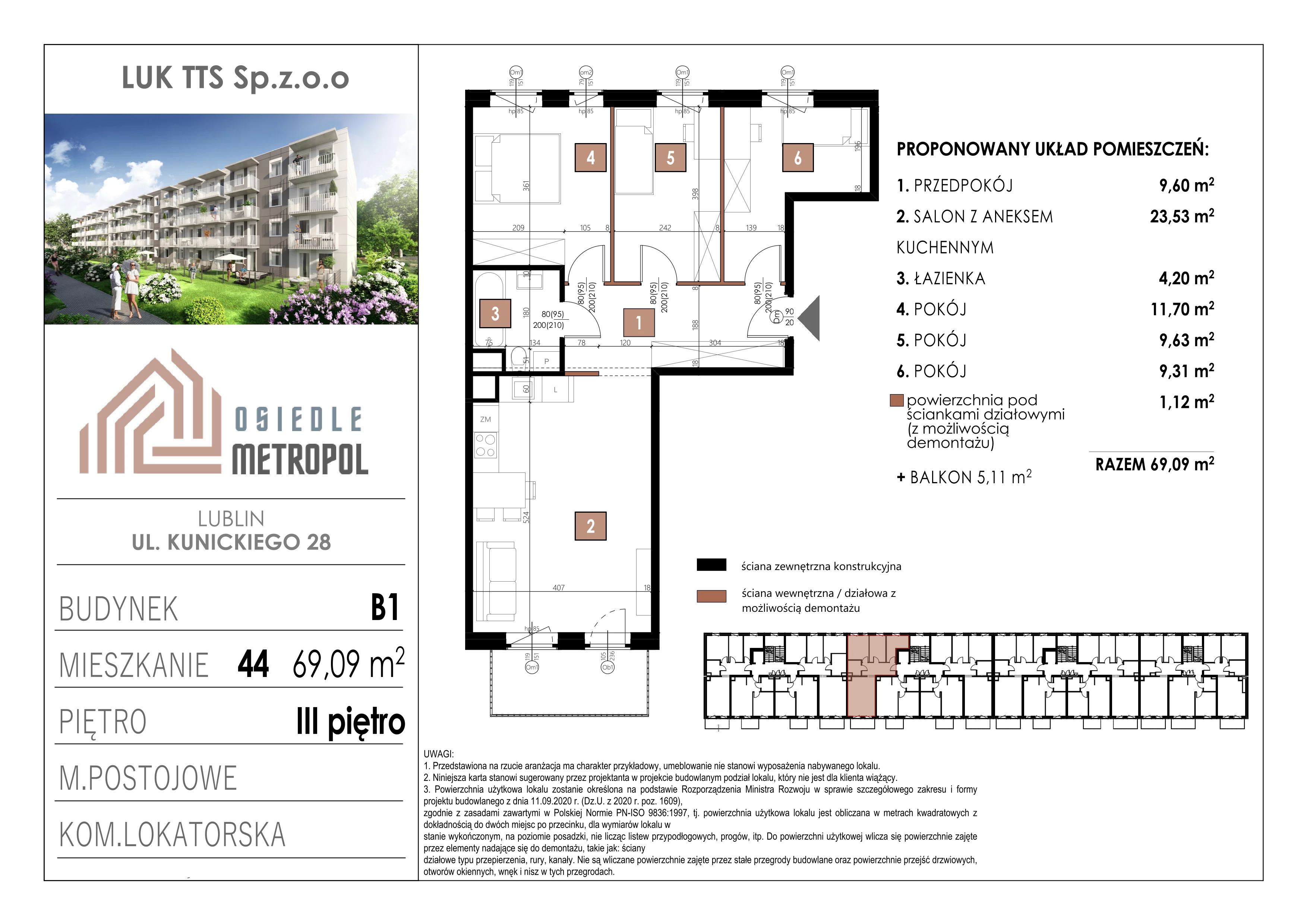 4 pokoje, mieszkanie 69,09 m², piętro 3, oferta nr 44, Osiedle Metropol, Lublin, Dziesiąta, ul. Kunickiego 28