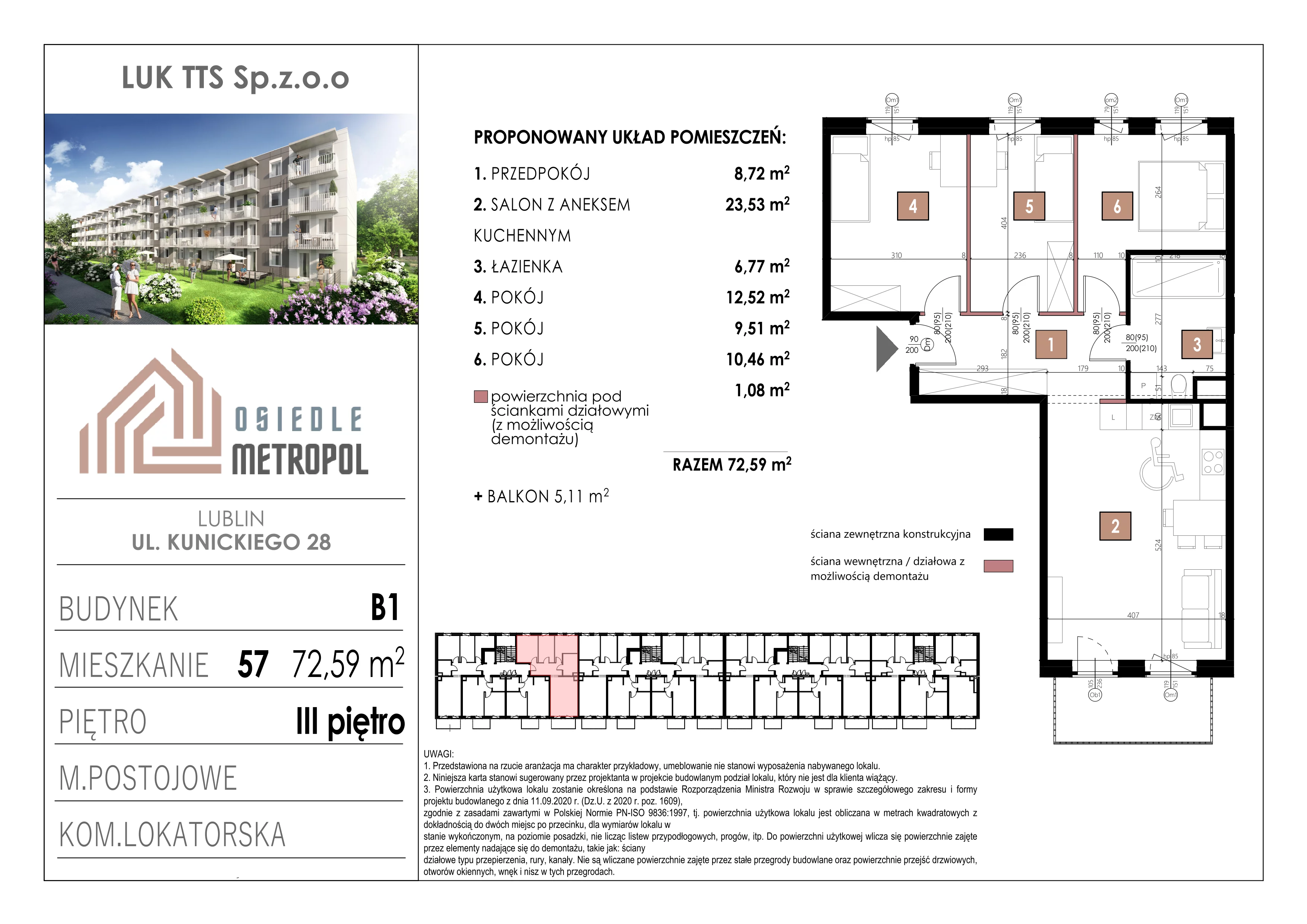 4 pokoje, mieszkanie 72,59 m², piętro 3, oferta nr 57, Osiedle Metropol, Lublin, Dziesiąta, ul. Kunickiego 28