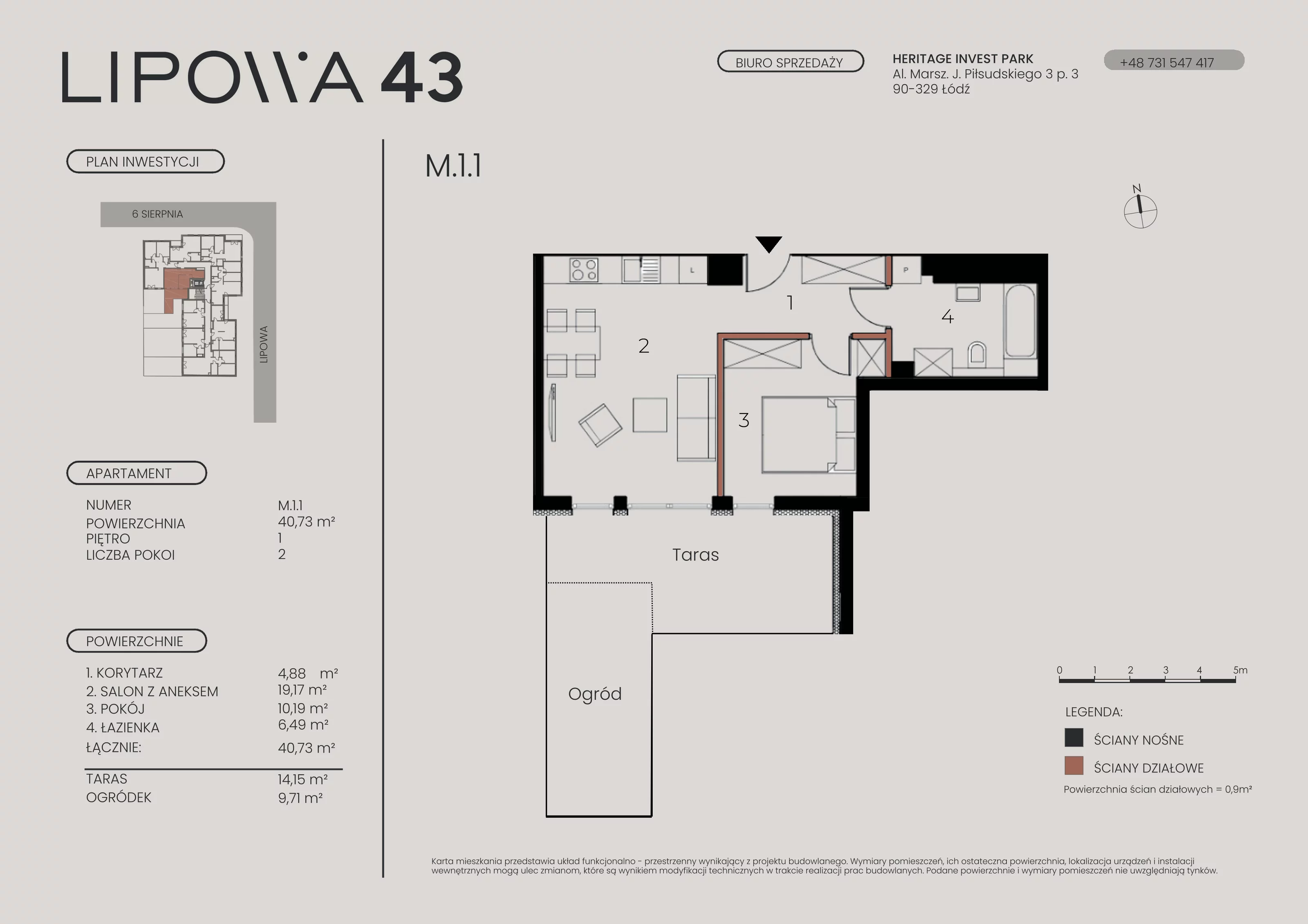 2 pokoje, mieszkanie 40,73 m², piętro 1, oferta nr M.1.1, Lipowa 43, Łódź, Polesie, Stare Polesie, ul. Lipowa 43