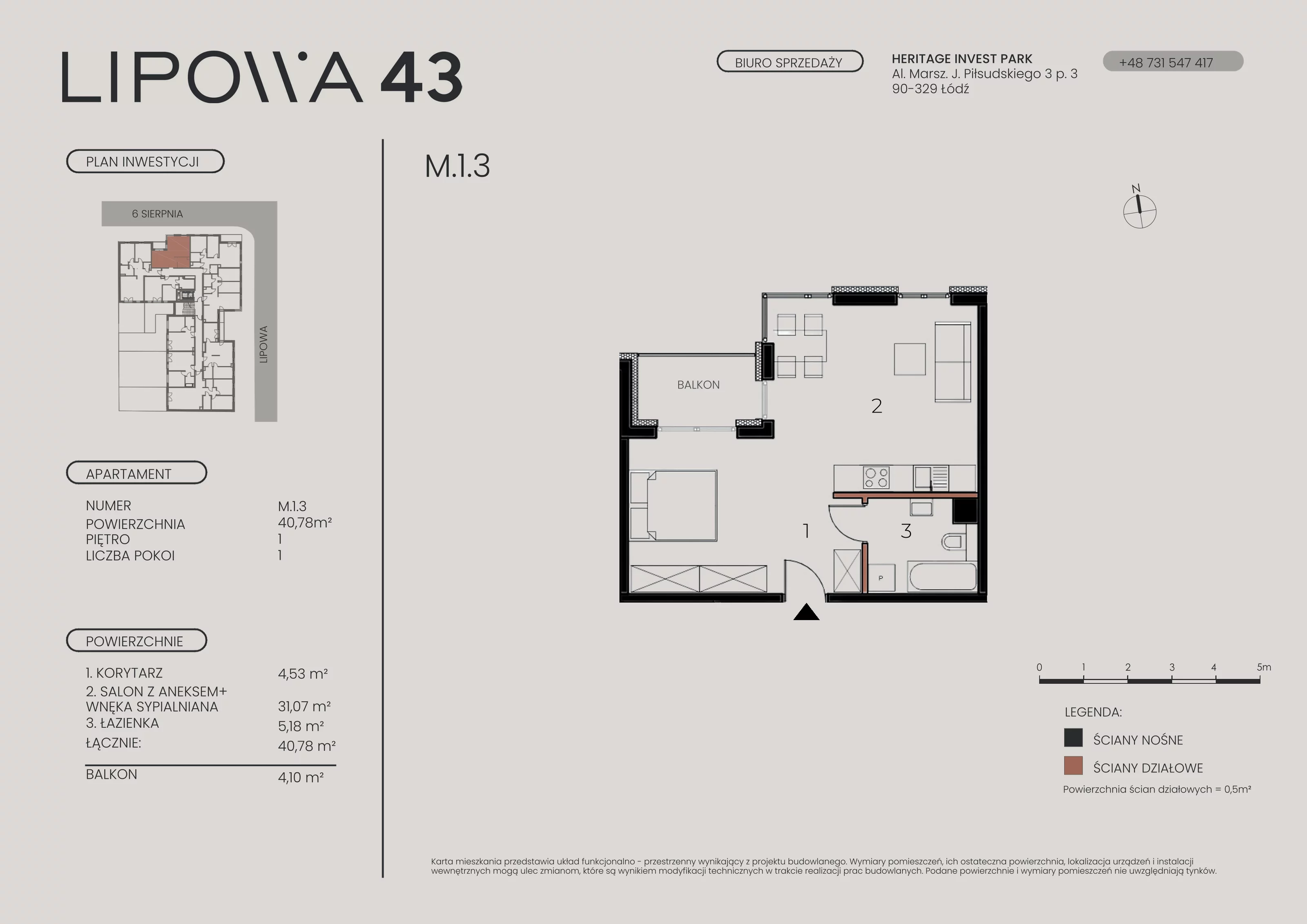 1 pokój, mieszkanie 40,78 m², piętro 1, oferta nr M.1.3, Lipowa 43, Łódź, Polesie, Stare Polesie, ul. Lipowa 43