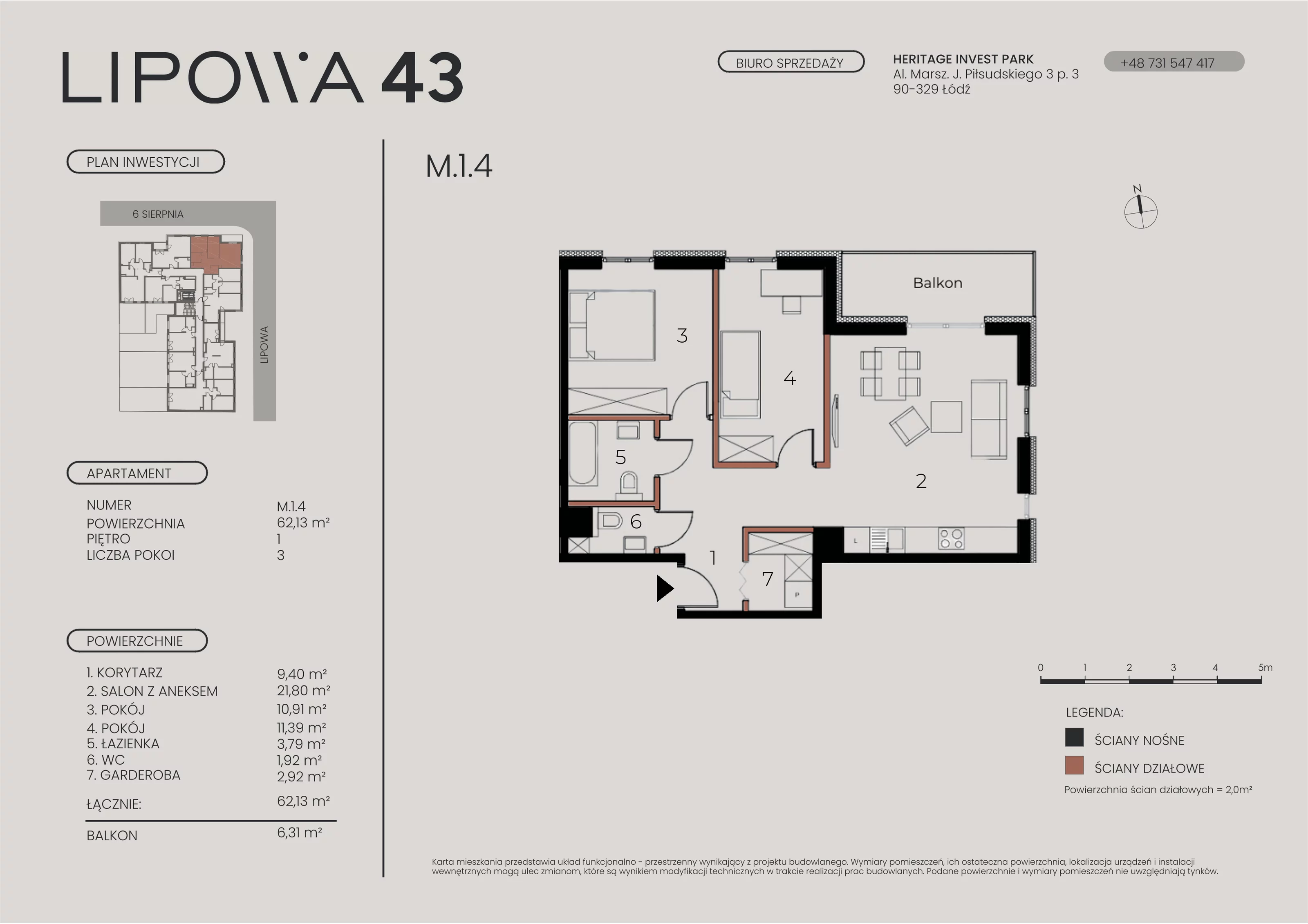3 pokoje, mieszkanie 62,13 m², piętro 1, oferta nr M.1.4, Lipowa 43, Łódź, Polesie, Stare Polesie, ul. Lipowa 43