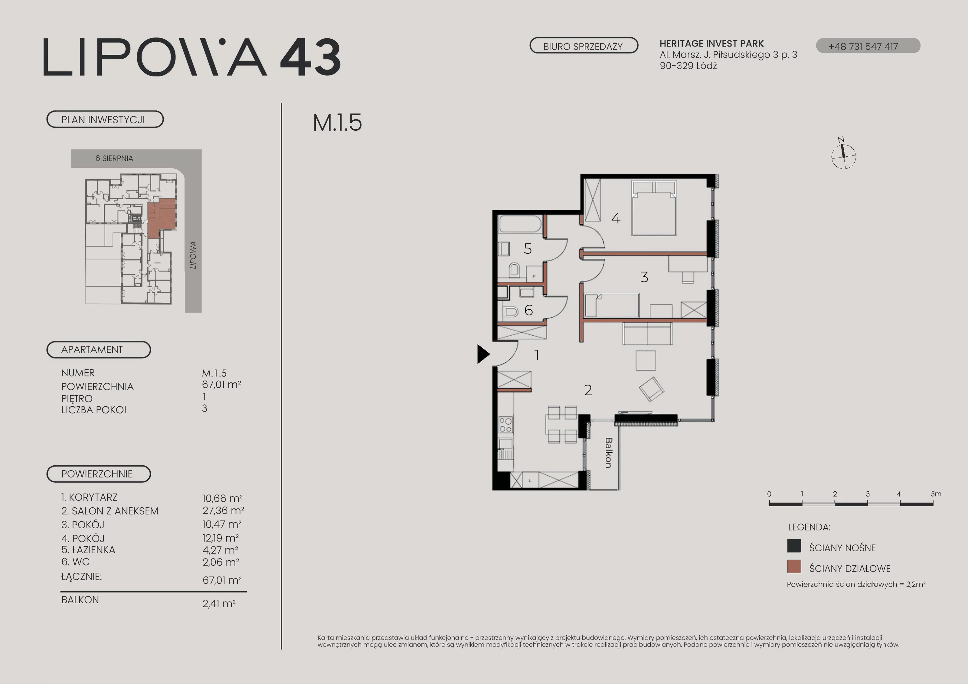 3 pokoje, mieszkanie 67,01 m², piętro 1, oferta nr M.1.5, Lipowa 43, Łódź, Polesie, Stare Polesie, ul. Lipowa 43