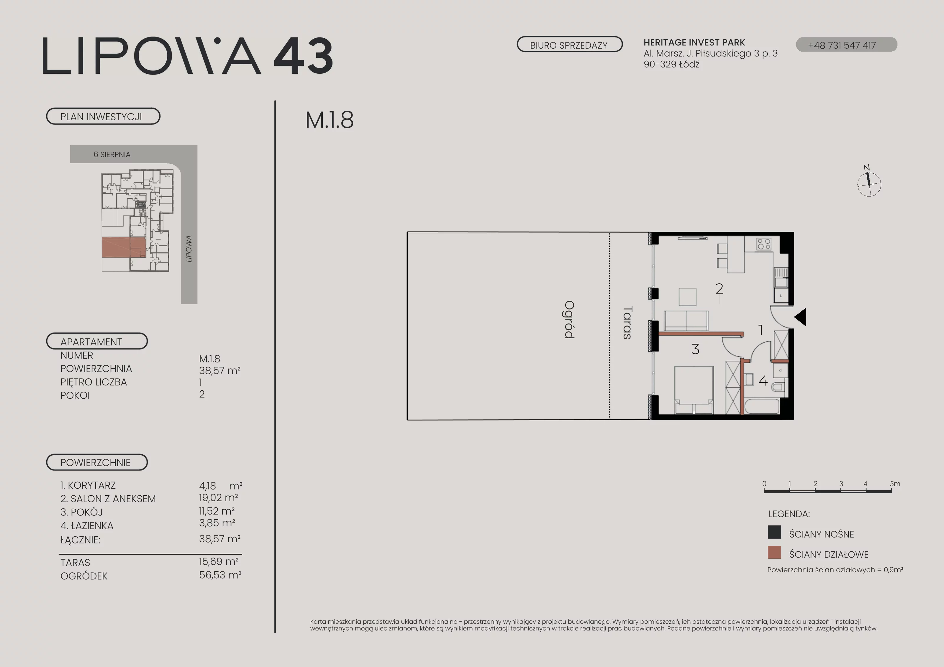 2 pokoje, mieszkanie 38,57 m², piętro 1, oferta nr M.1.8, Lipowa 43, Łódź, Polesie, Stare Polesie, ul. Lipowa 43