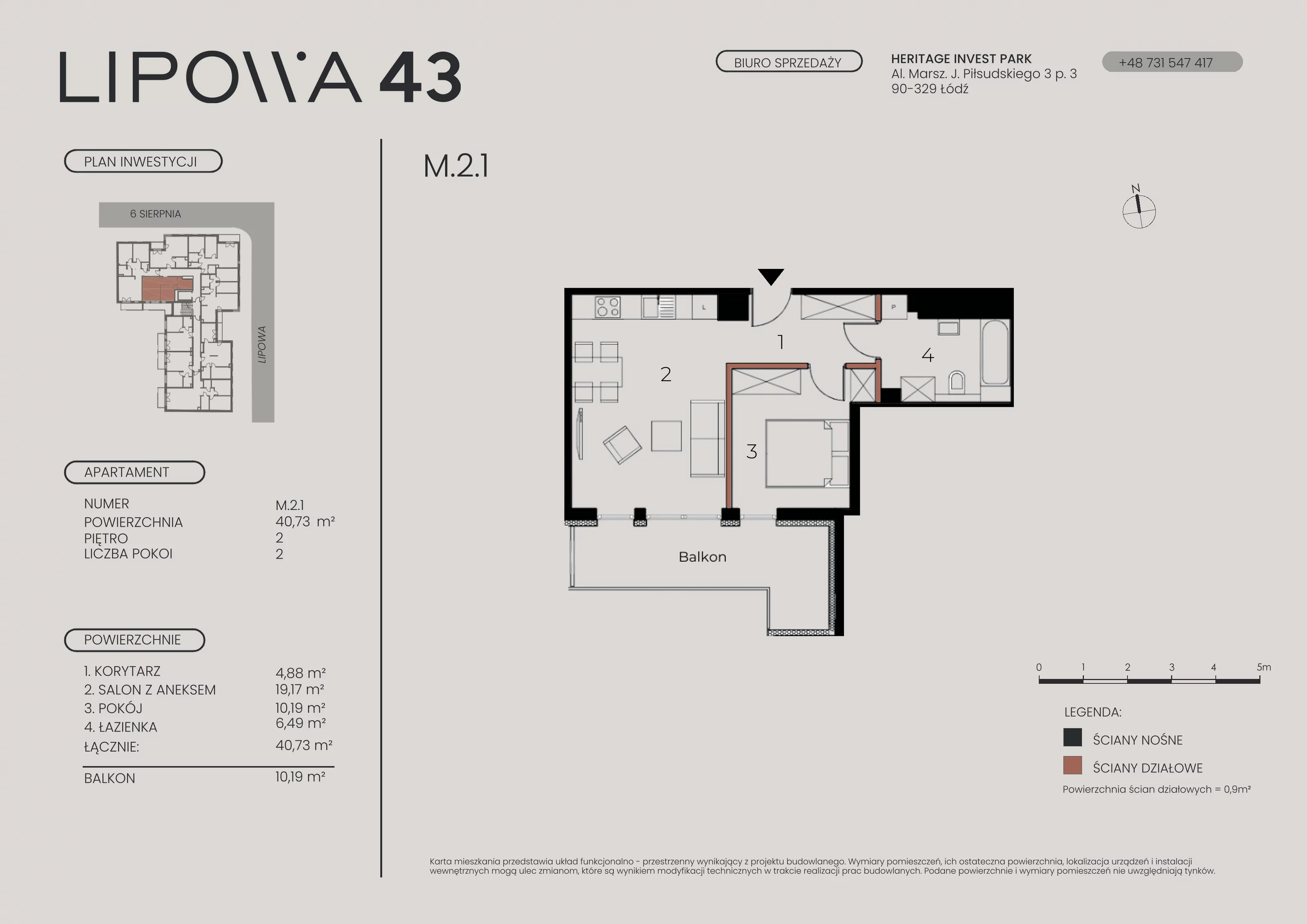 2 pokoje, mieszkanie 40,73 m², piętro 2, oferta nr M.2.1, Lipowa 43, Łódź, Polesie, Stare Polesie, ul. Lipowa 43