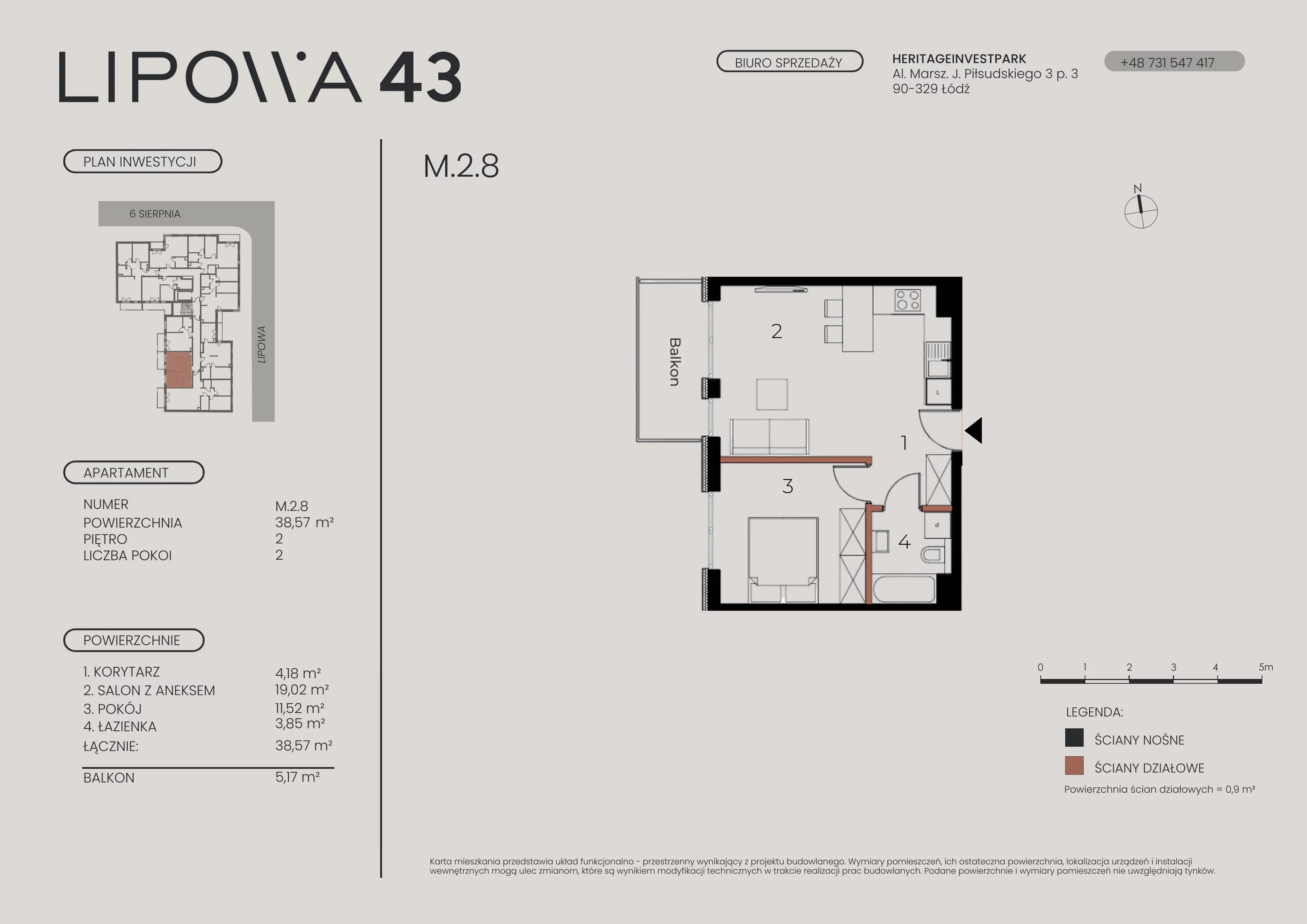 2 pokoje, mieszkanie 38,57 m², piętro 2, oferta nr M.2.8, Lipowa 43, Łódź, Polesie, Stare Polesie, ul. Lipowa 43