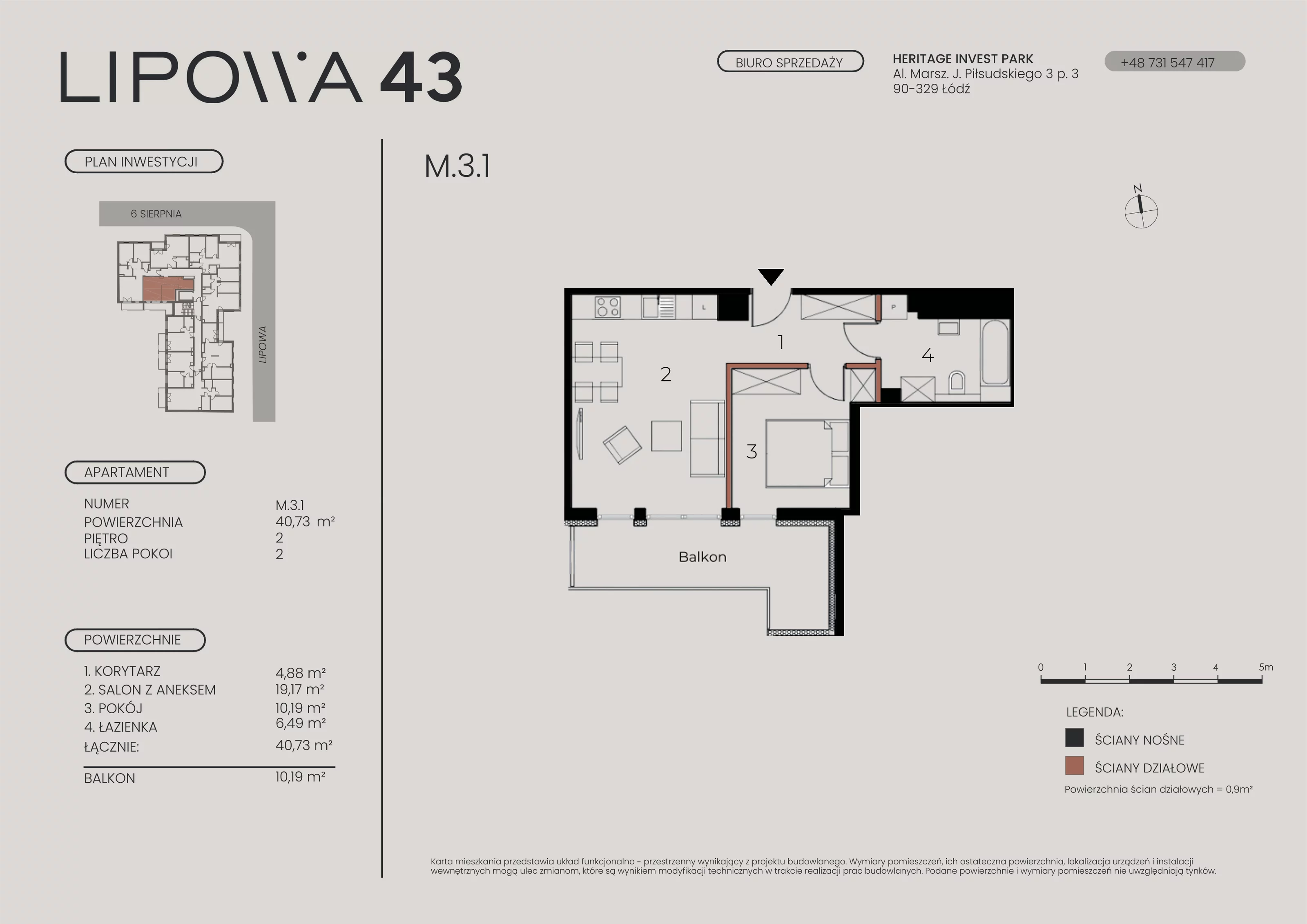 2 pokoje, mieszkanie 40,73 m², piętro 3, oferta nr M.3.1, Lipowa 43, Łódź, Polesie, Stare Polesie, ul. Lipowa 43