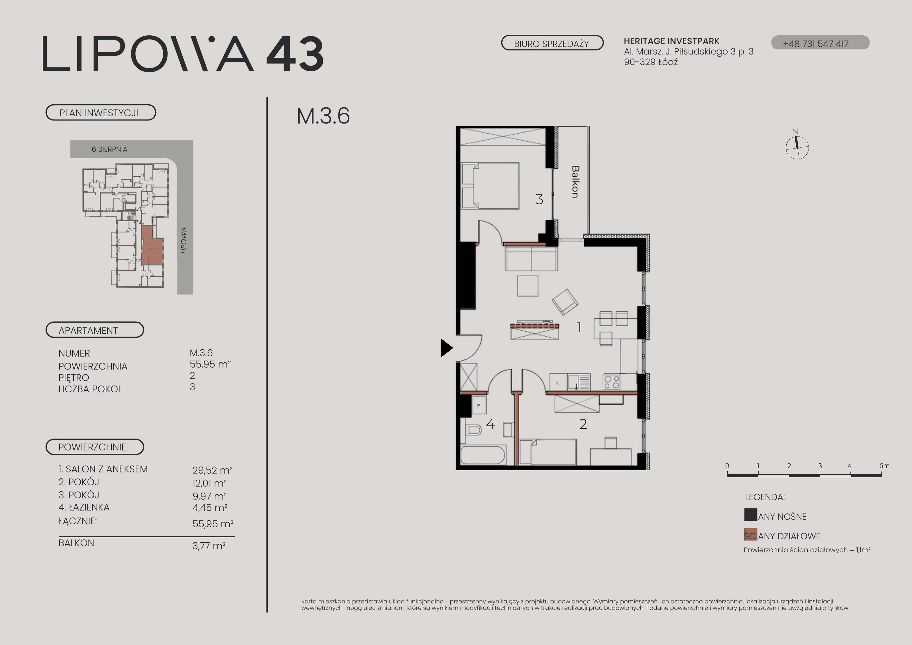 3 pokoje, mieszkanie 55,95 m², piętro 3, oferta nr M.3.6, Lipowa 43, Łódź, Polesie, Stare Polesie, ul. Lipowa 43
