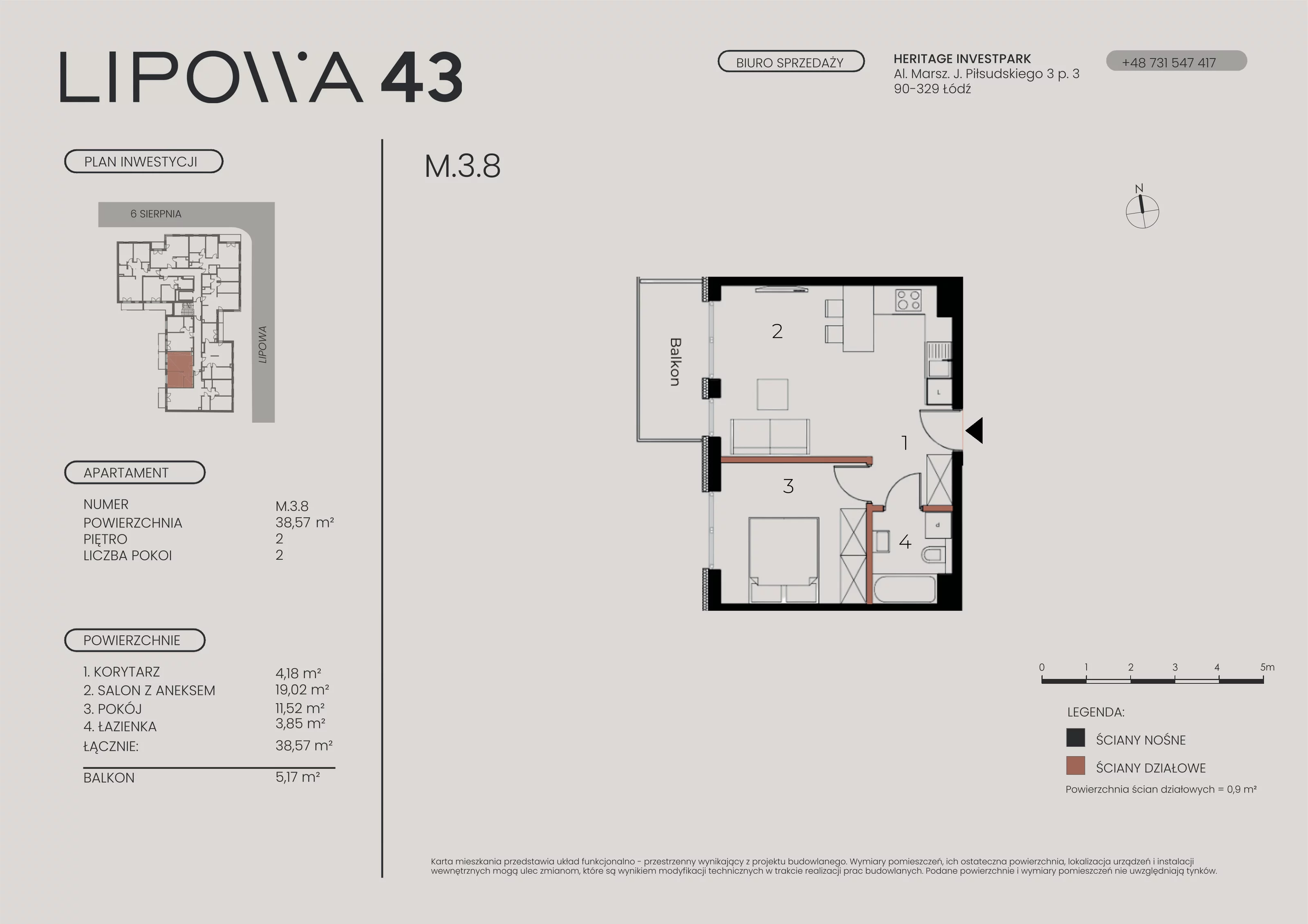 2 pokoje, mieszkanie 38,57 m², piętro 3, oferta nr M.3.8, Lipowa 43, Łódź, Polesie, Stare Polesie, ul. Lipowa 43