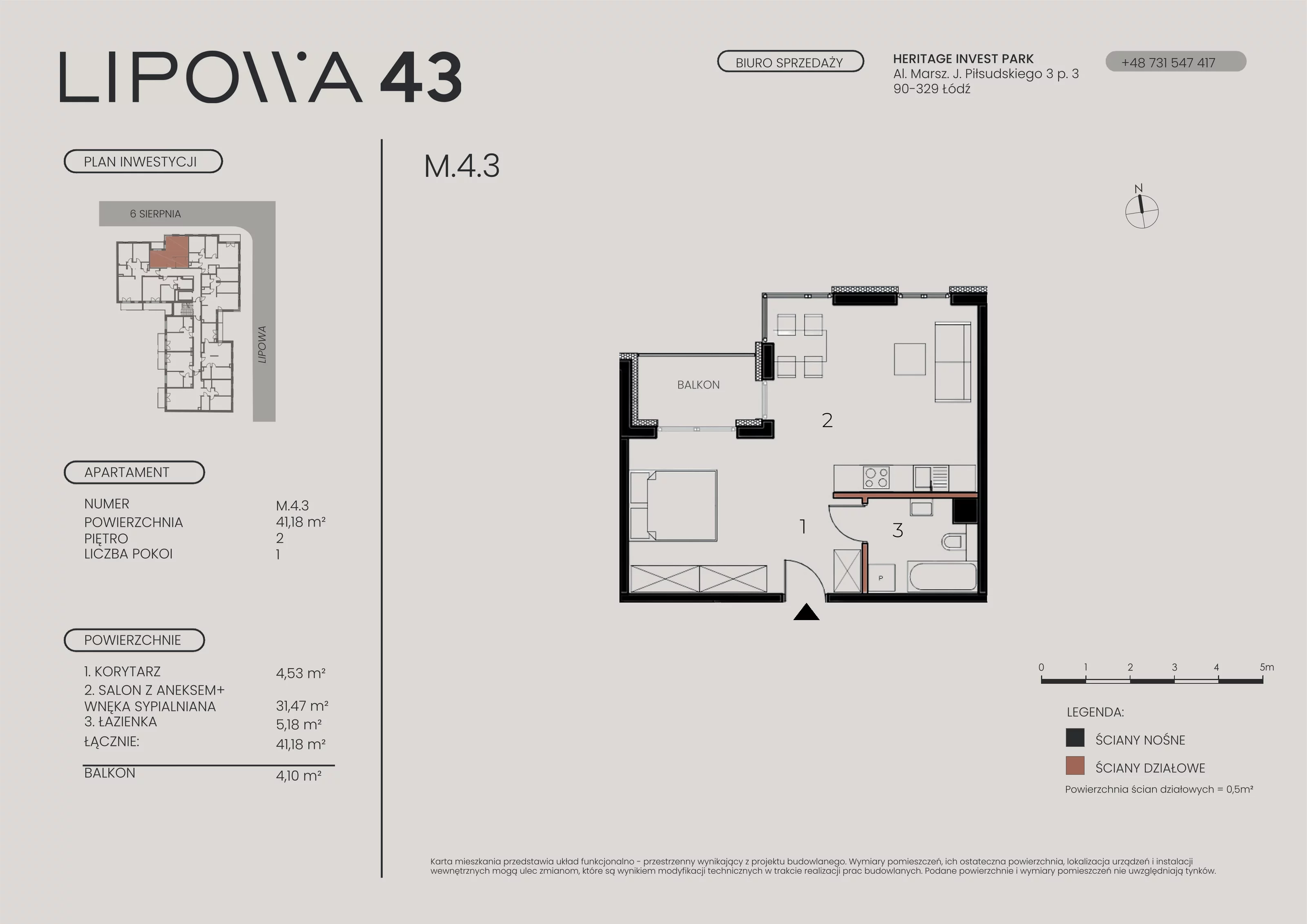 1 pokój, mieszkanie 41,18 m², piętro 4, oferta nr M.4.3, Lipowa 43, Łódź, Polesie, Stare Polesie, ul. Lipowa 43