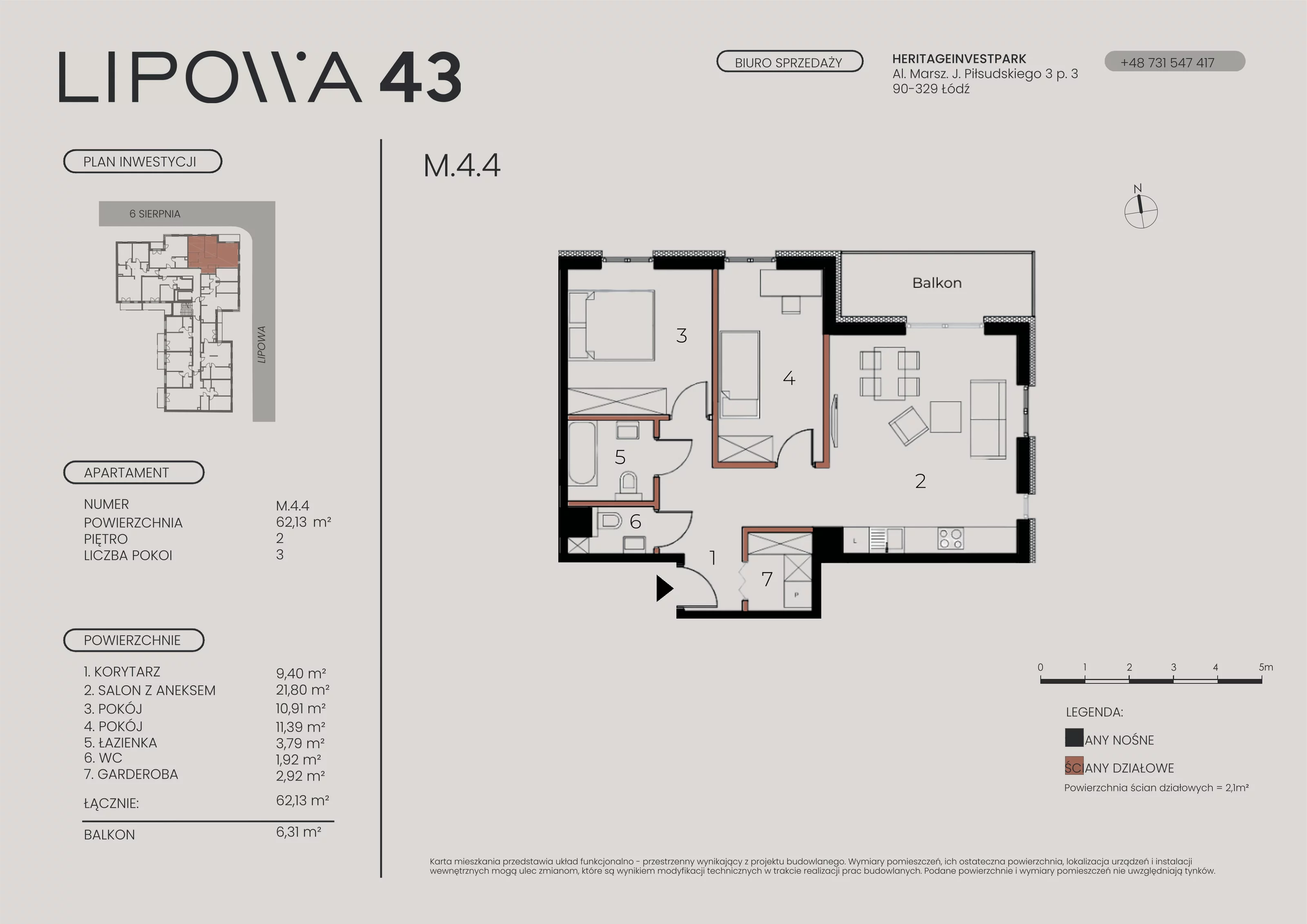 3 pokoje, mieszkanie 62,13 m², piętro 4, oferta nr M.4.4, Lipowa 43, Łódź, Polesie, Stare Polesie, ul. Lipowa 43