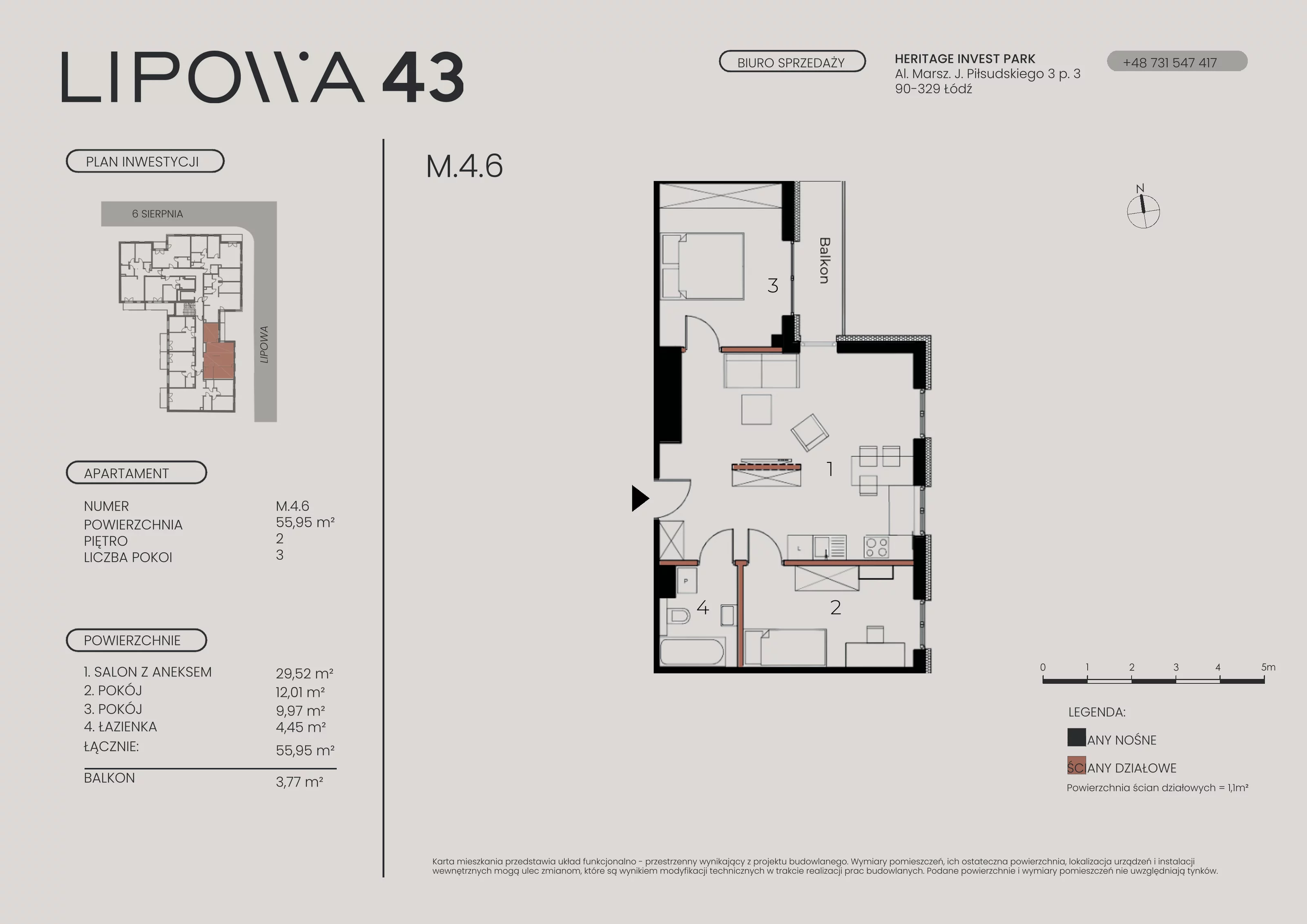 3 pokoje, mieszkanie 55,95 m², piętro 4, oferta nr M.4.6, Lipowa 43, Łódź, Polesie, Stare Polesie, ul. Lipowa 43