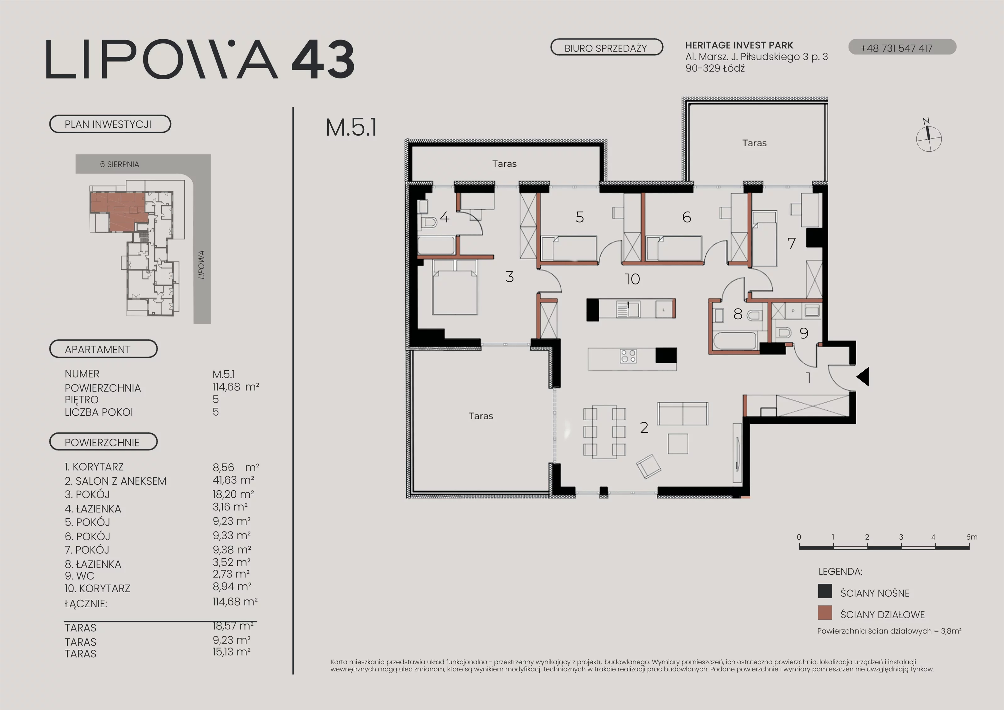 5 pokoi, mieszkanie 114,68 m², piętro 5, oferta nr M.5.1, Lipowa 43, Łódź, Polesie, Stare Polesie, ul. Lipowa 43