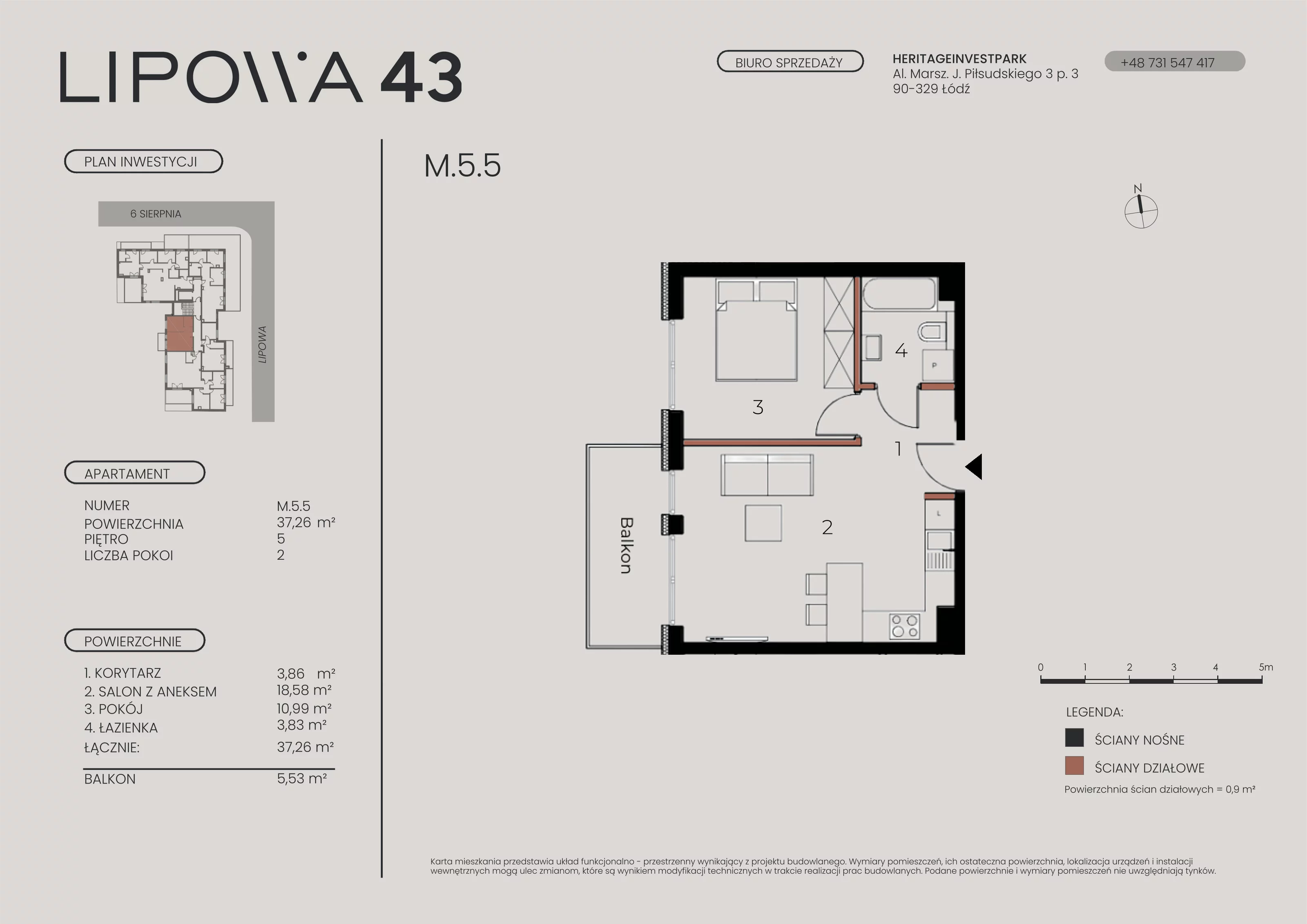 2 pokoje, mieszkanie 37,26 m², piętro 5, oferta nr M.5.5, Lipowa 43, Łódź, Polesie, Stare Polesie, ul. Lipowa 43