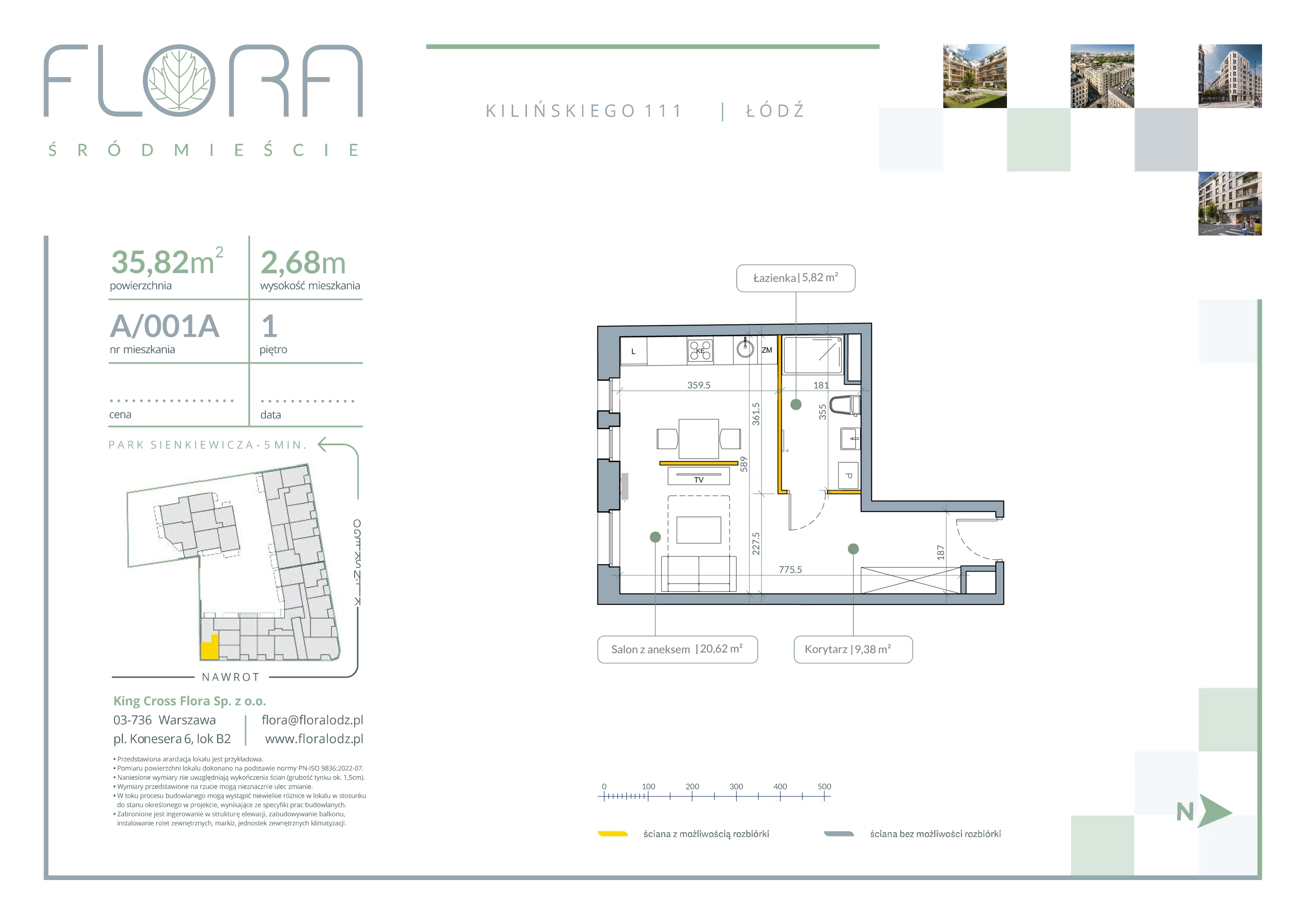 1 pokój, mieszkanie 35,82 m², piętro 1, oferta nr 1 A, Flora Śródmieście, Łódź, Śródmieście, ul. płk. Jana Kilińskiego 111