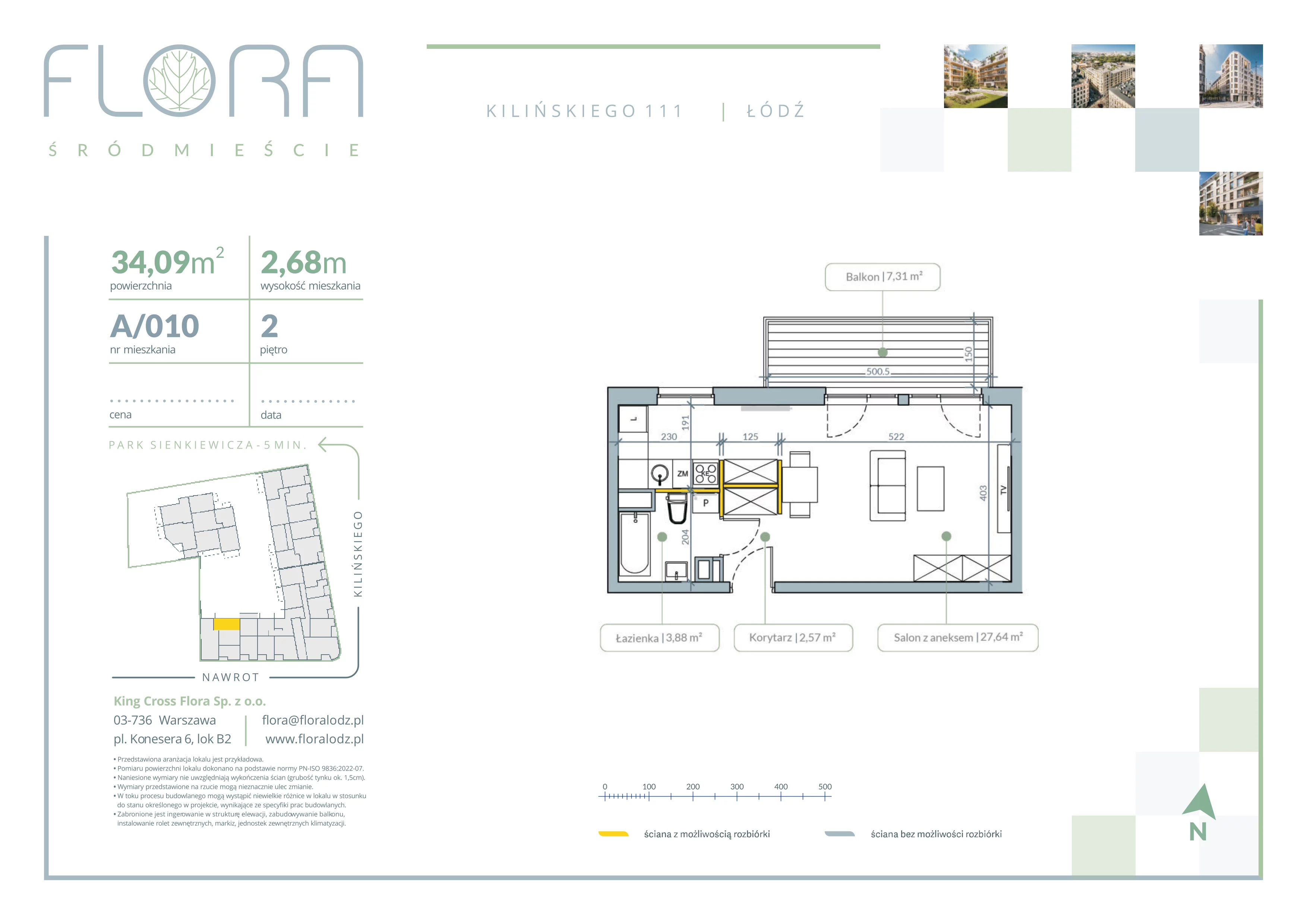 1 pokój, mieszkanie 34,09 m², piętro 2, oferta nr 10, Flora Śródmieście, Łódź, Śródmieście, ul. płk. Jana Kilińskiego 111