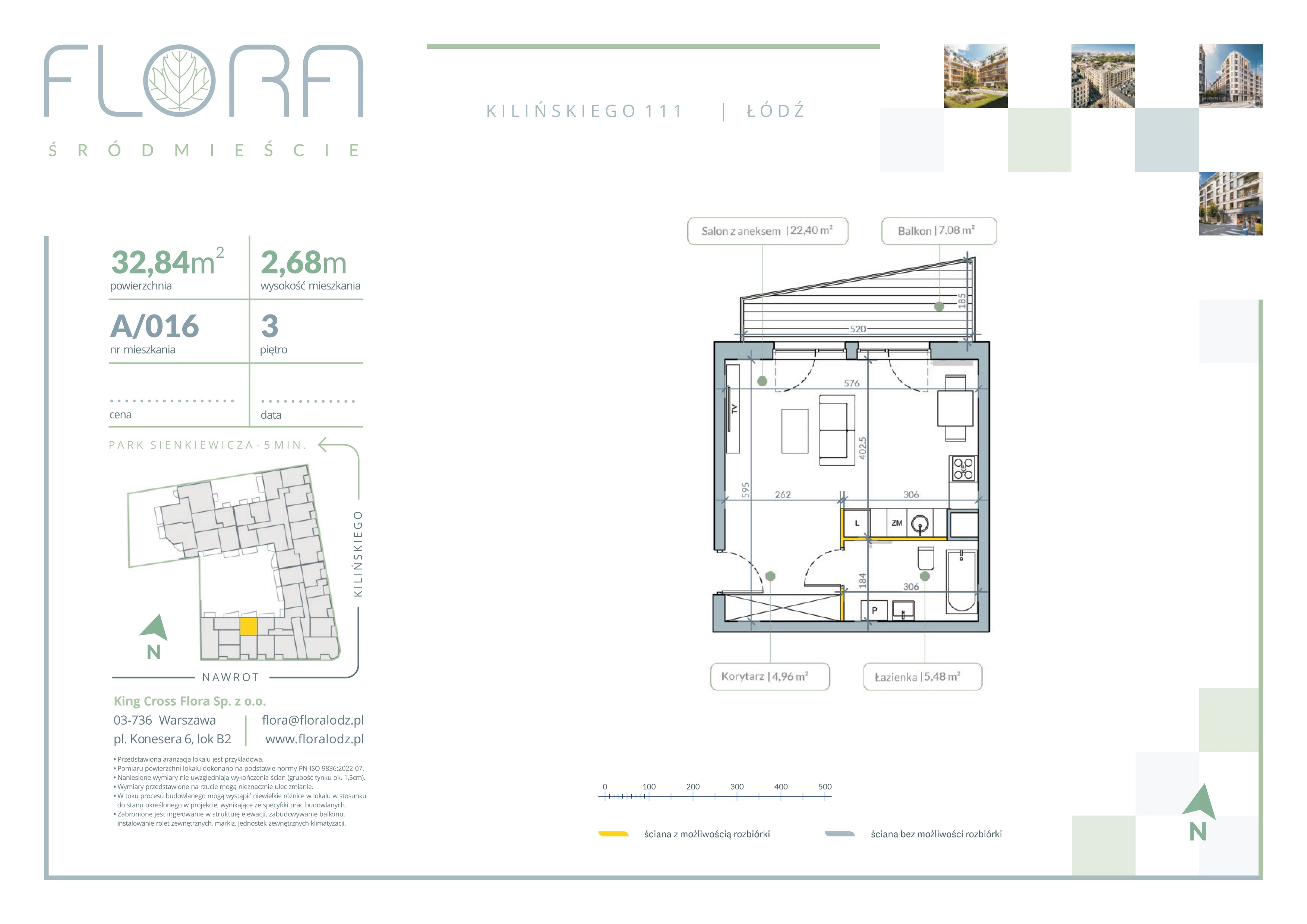 1 pokój, mieszkanie 32,84 m², piętro 3, oferta nr 16, Flora Śródmieście, Łódź, Śródmieście, ul. płk. Jana Kilińskiego 111