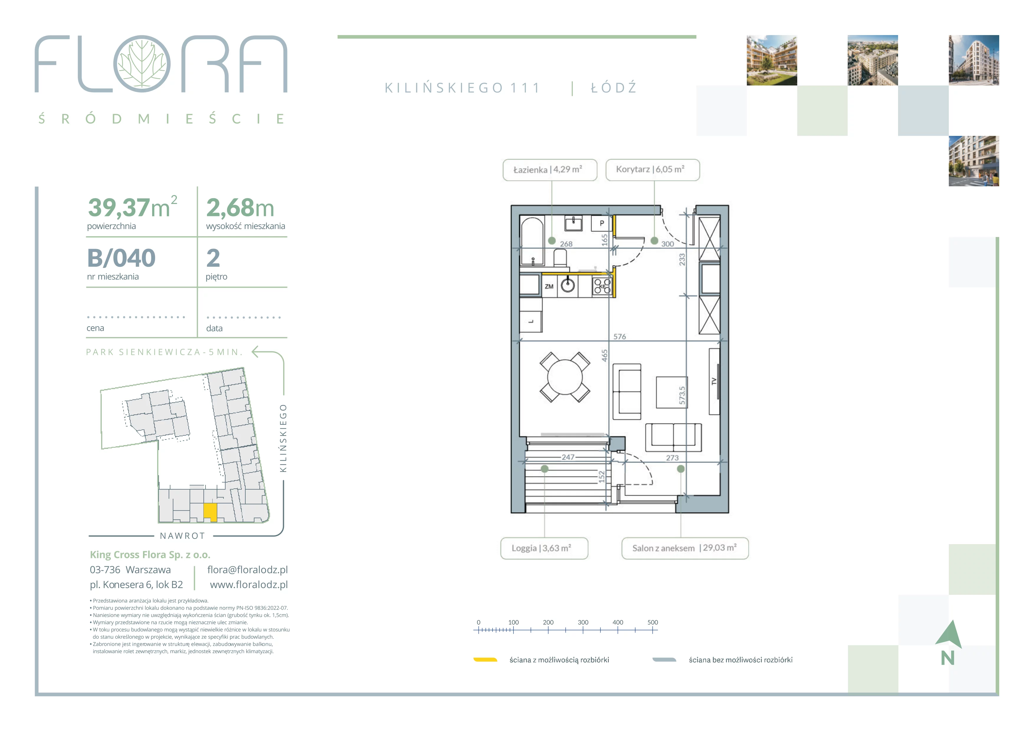 1 pokój, mieszkanie 39,37 m², piętro 2, oferta nr 40, Flora Śródmieście, Łódź, Śródmieście, ul. płk. Jana Kilińskiego 111