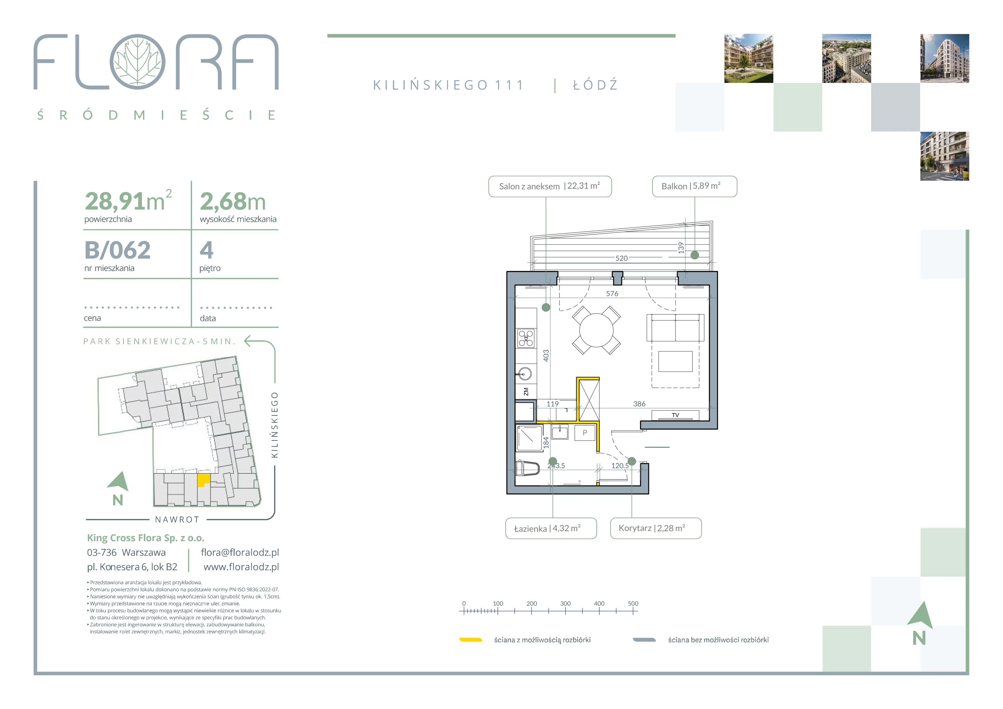 1 pokój, mieszkanie 28,91 m², piętro 4, oferta nr 62, Flora Śródmieście, Łódź, Śródmieście, ul. płk. Jana Kilińskiego 111
