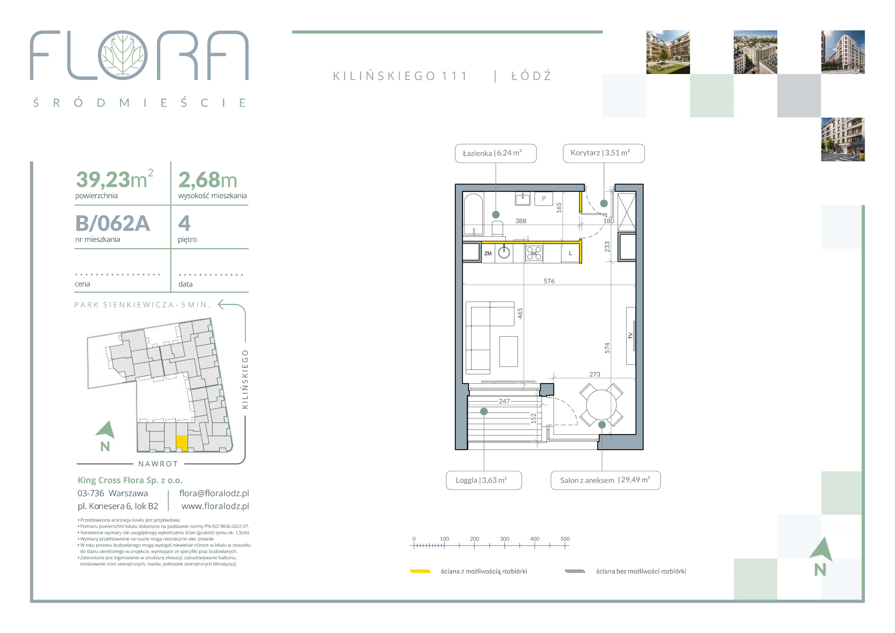 1 pokój, mieszkanie 39,24 m², piętro 4, oferta nr 62 A, Flora Śródmieście, Łódź, Śródmieście, ul. płk. Jana Kilińskiego 111