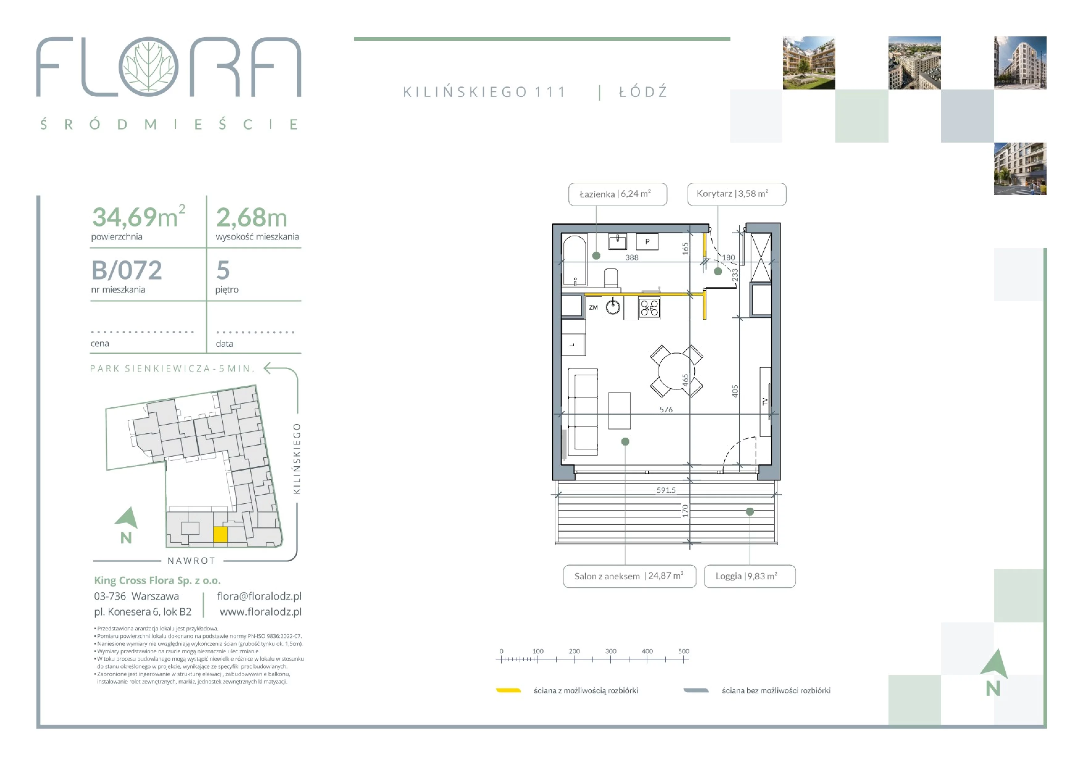 1 pokój, mieszkanie 34,69 m², piętro 5, oferta nr 72, Flora Śródmieście, Łódź, Śródmieście, ul. płk. Jana Kilińskiego 111