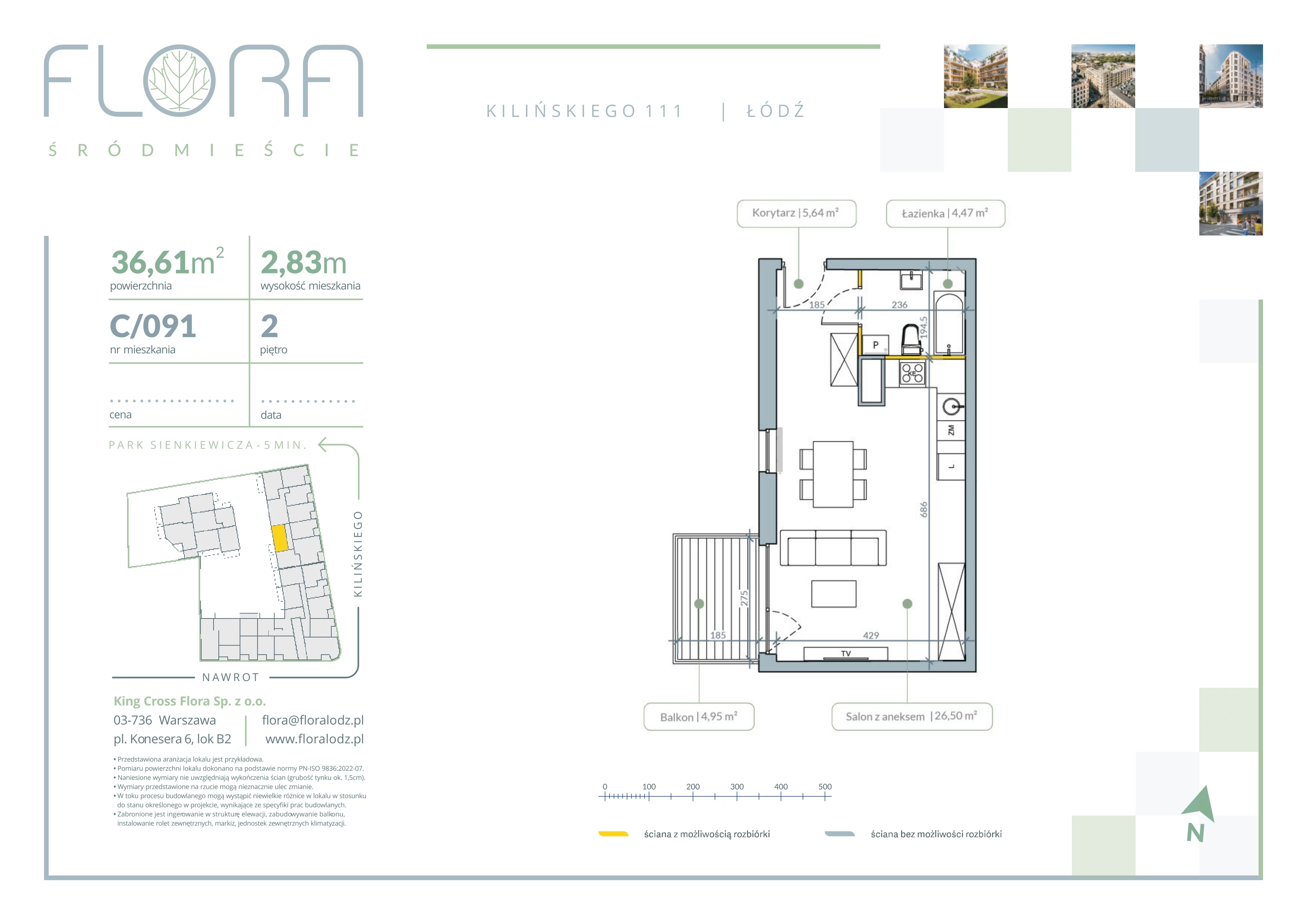 1 pokój, mieszkanie 36,61 m², piętro 2, oferta nr 91, Flora Śródmieście, Łódź, Śródmieście, ul. płk. Jana Kilińskiego 111