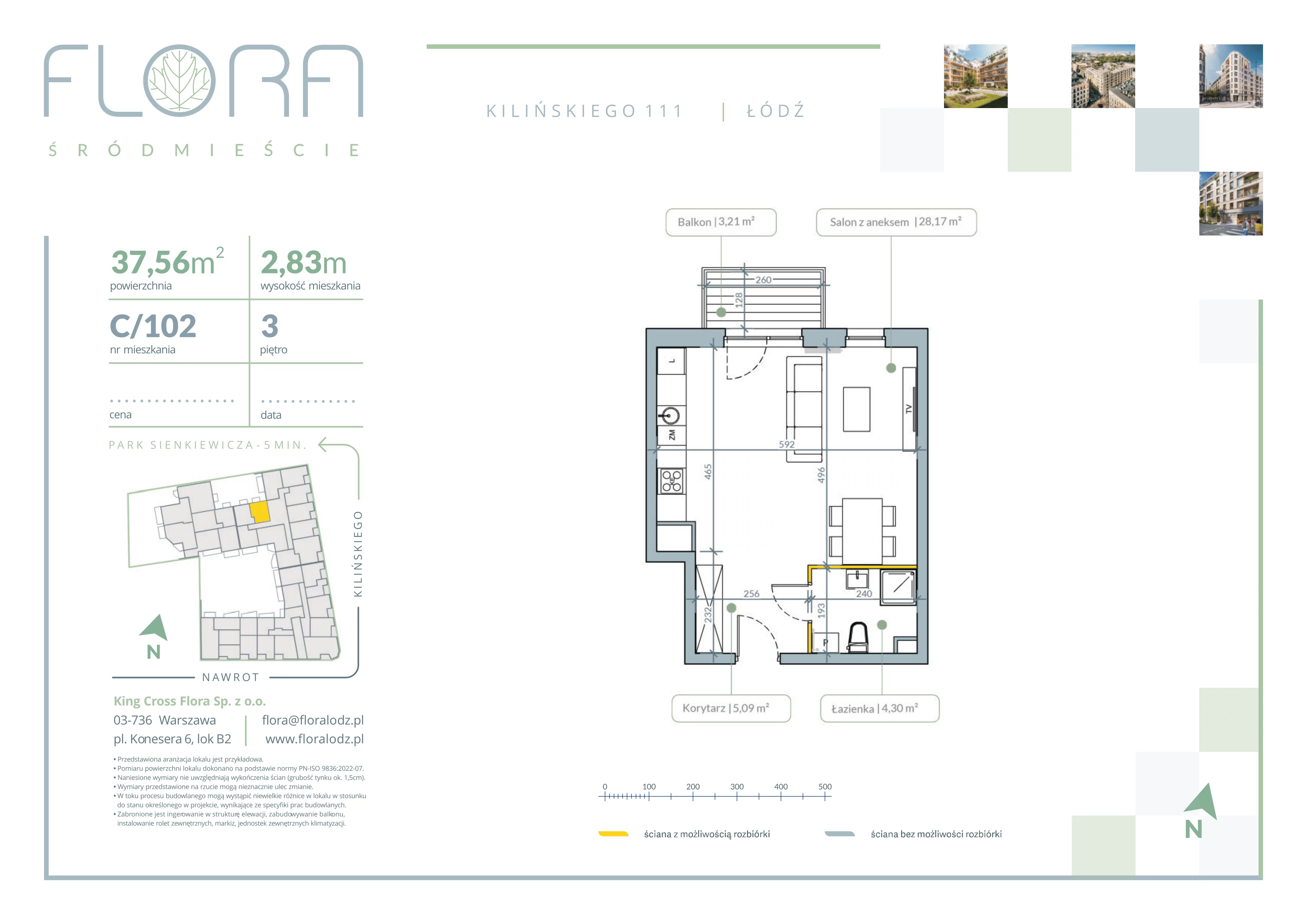 1 pokój, mieszkanie 37,56 m², piętro 3, oferta nr 102, Flora Śródmieście, Łódź, Śródmieście, ul. płk. Jana Kilińskiego 111
