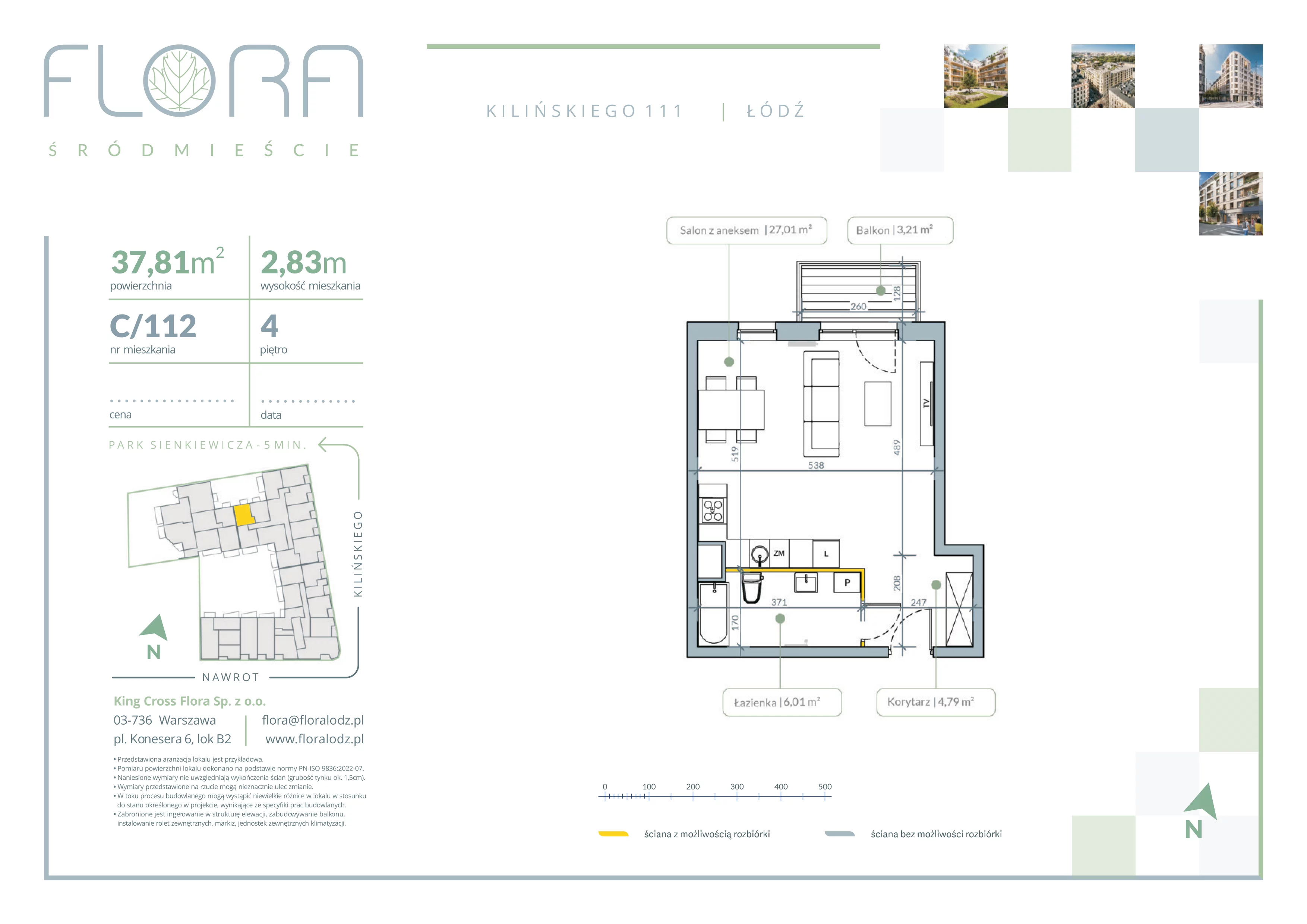 1 pokój, mieszkanie 37,81 m², piętro 4, oferta nr 112, Flora Śródmieście, Łódź, Śródmieście, ul. płk. Jana Kilińskiego 111