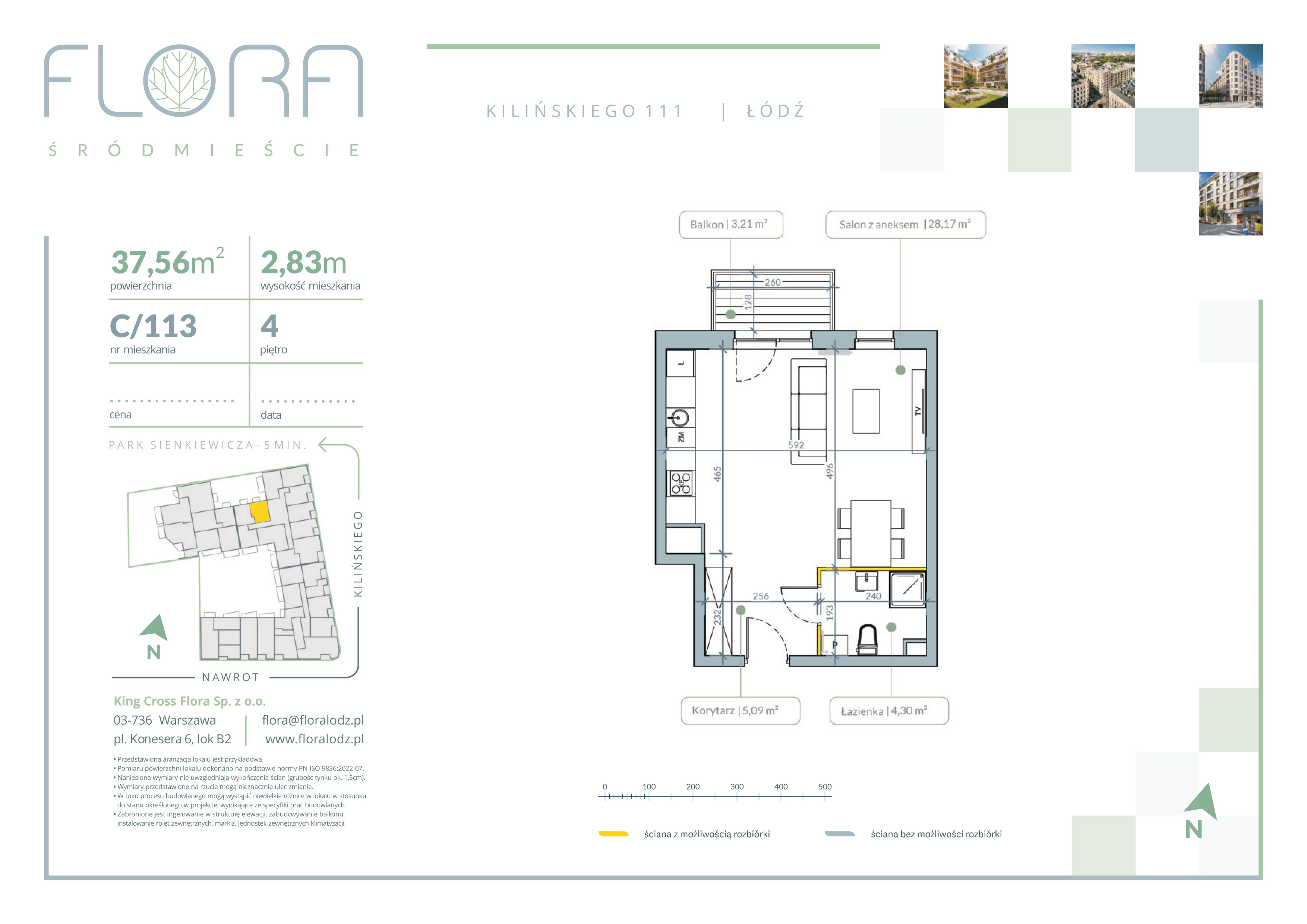 1 pokój, mieszkanie 37,56 m², piętro 4, oferta nr 113, Flora Śródmieście, Łódź, Śródmieście, ul. płk. Jana Kilińskiego 111