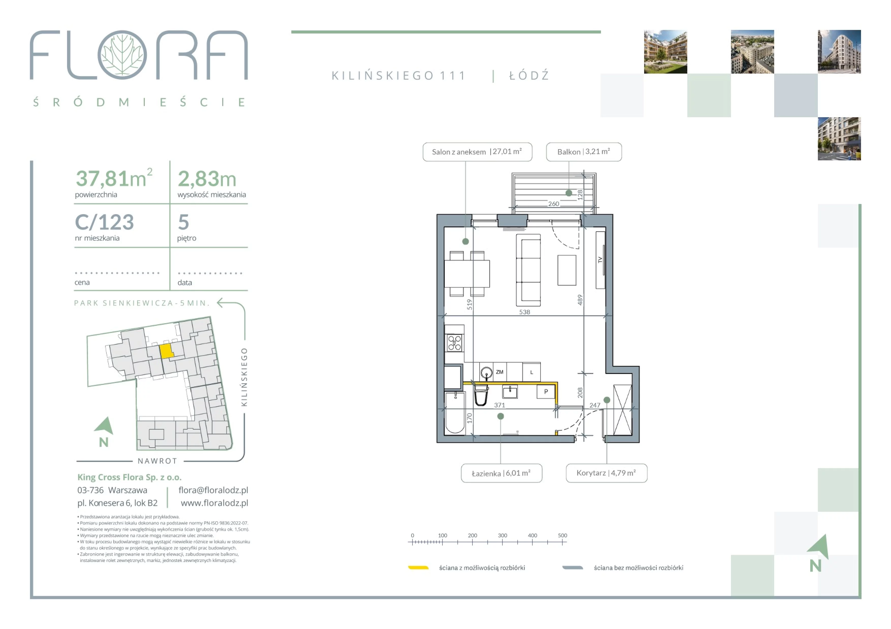 1 pokój, mieszkanie 37,81 m², piętro 5, oferta nr 123, Flora Śródmieście, Łódź, Śródmieście, ul. płk. Jana Kilińskiego 111