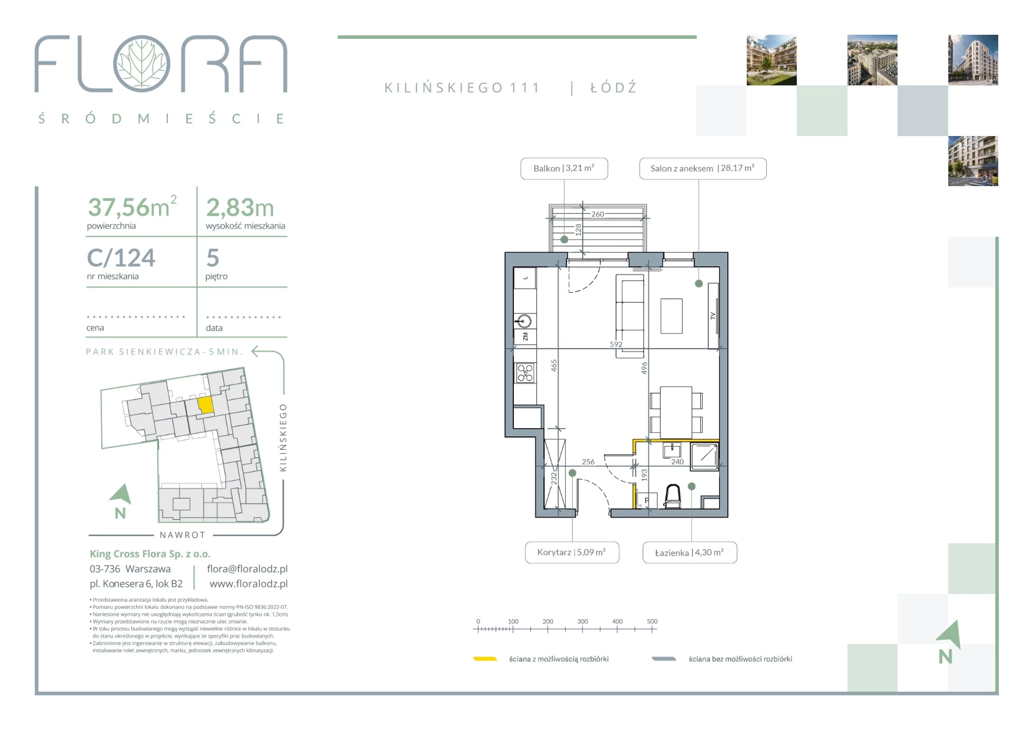 1 pokój, mieszkanie 37,56 m², piętro 5, oferta nr 124, Flora Śródmieście, Łódź, Śródmieście, ul. płk. Jana Kilińskiego 111