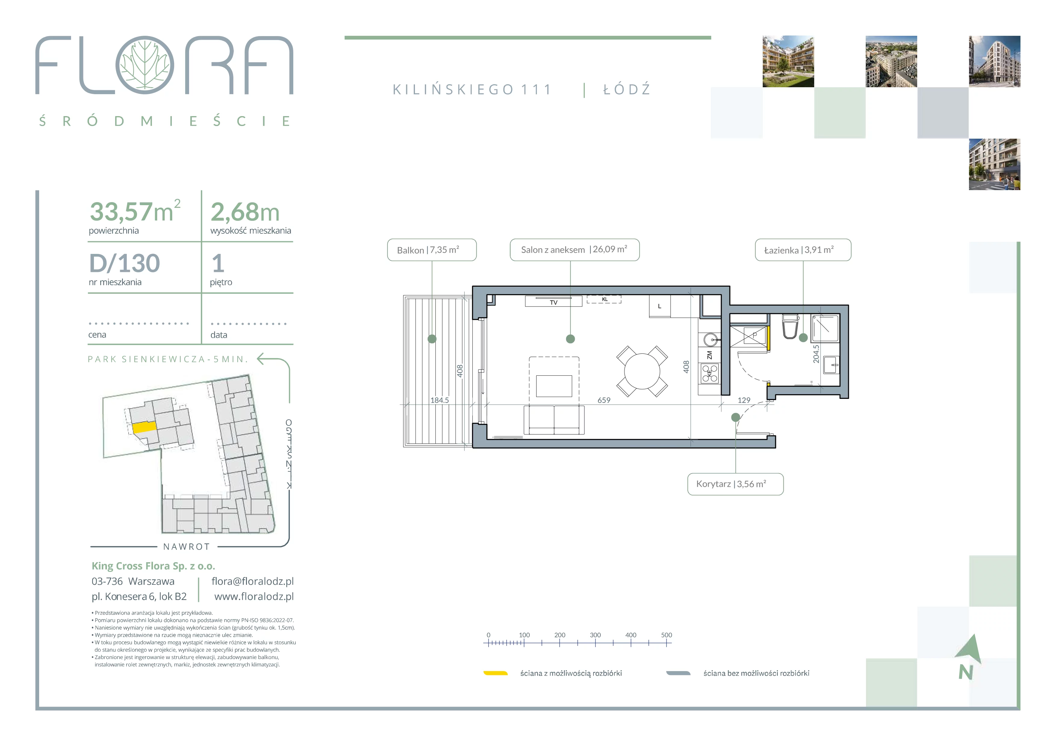 1 pokój, mieszkanie 33,57 m², piętro 1, oferta nr 130, Flora Śródmieście, Łódź, Śródmieście, ul. płk. Jana Kilińskiego 111