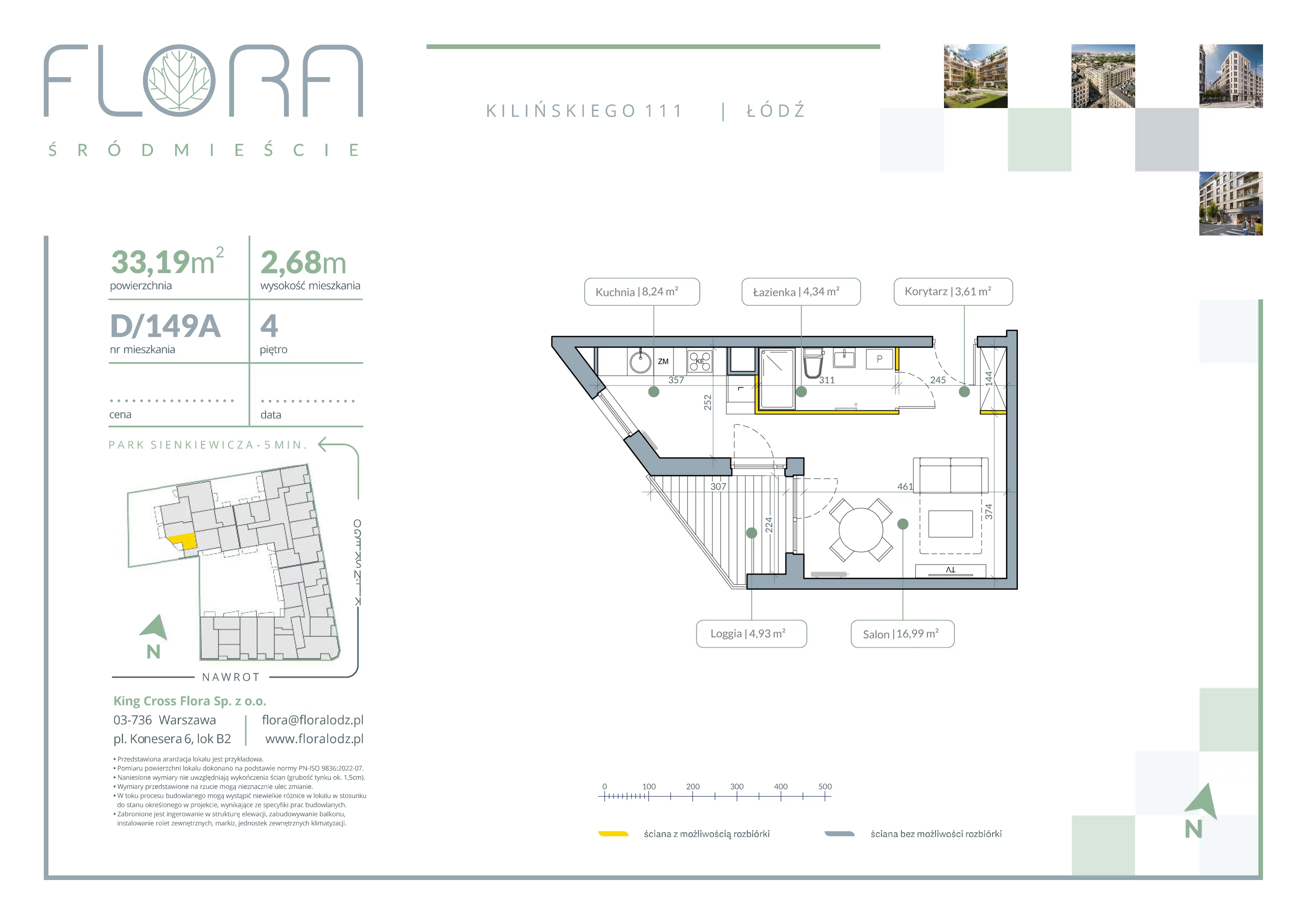 1 pokój, mieszkanie 33,19 m², piętro 4, oferta nr 149A, Flora Śródmieście, Łódź, Śródmieście, ul. płk. Jana Kilińskiego 111