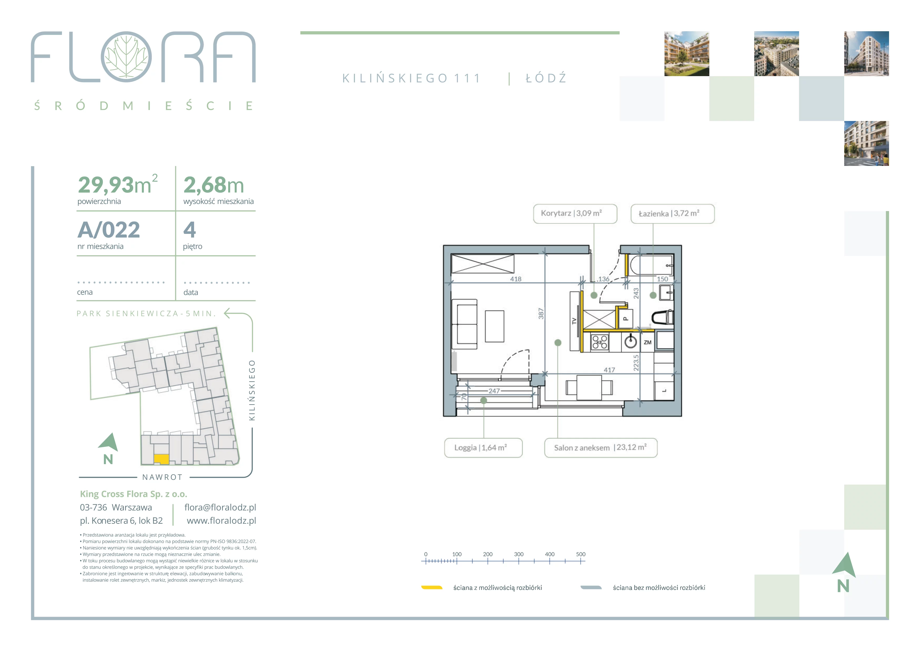 1 pokój, mieszkanie 29,93 m², piętro 4, oferta nr 22, Flora Śródmieście, Łódź, Śródmieście, ul. płk. Jana Kilińskiego 111