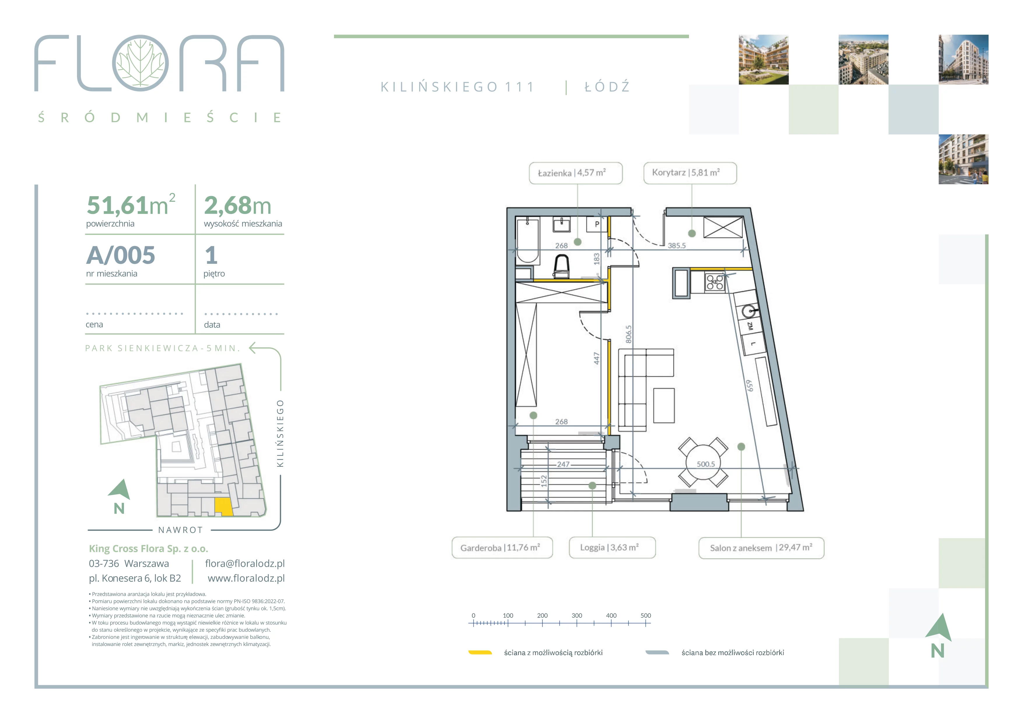 2 pokoje, mieszkanie 51,61 m², piętro 1, oferta nr 5, Flora Śródmieście, Łódź, Śródmieście, ul. płk. Jana Kilińskiego 111