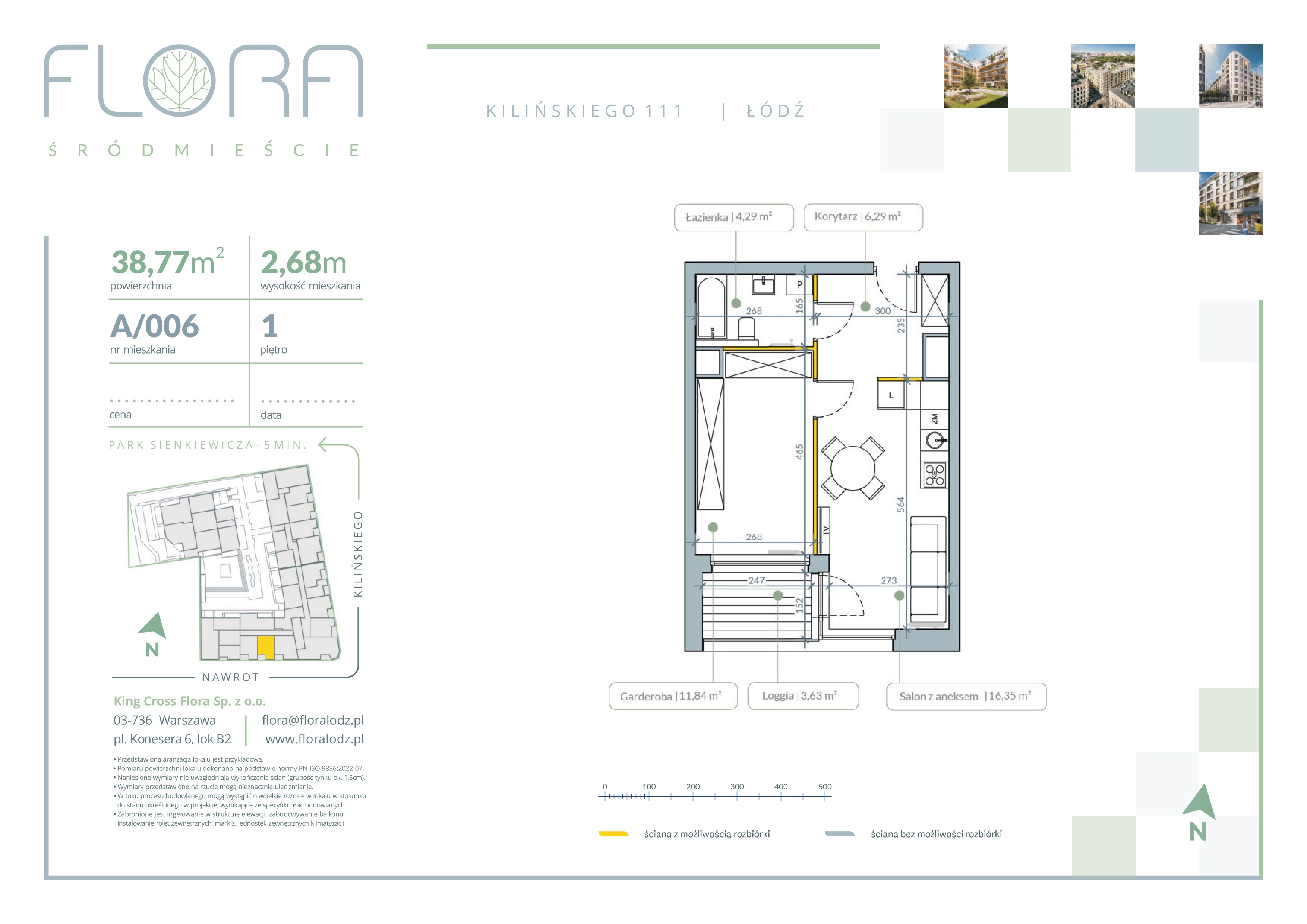 2 pokoje, mieszkanie 38,77 m², piętro 1, oferta nr 6, Flora Śródmieście, Łódź, Śródmieście, ul. płk. Jana Kilińskiego 111