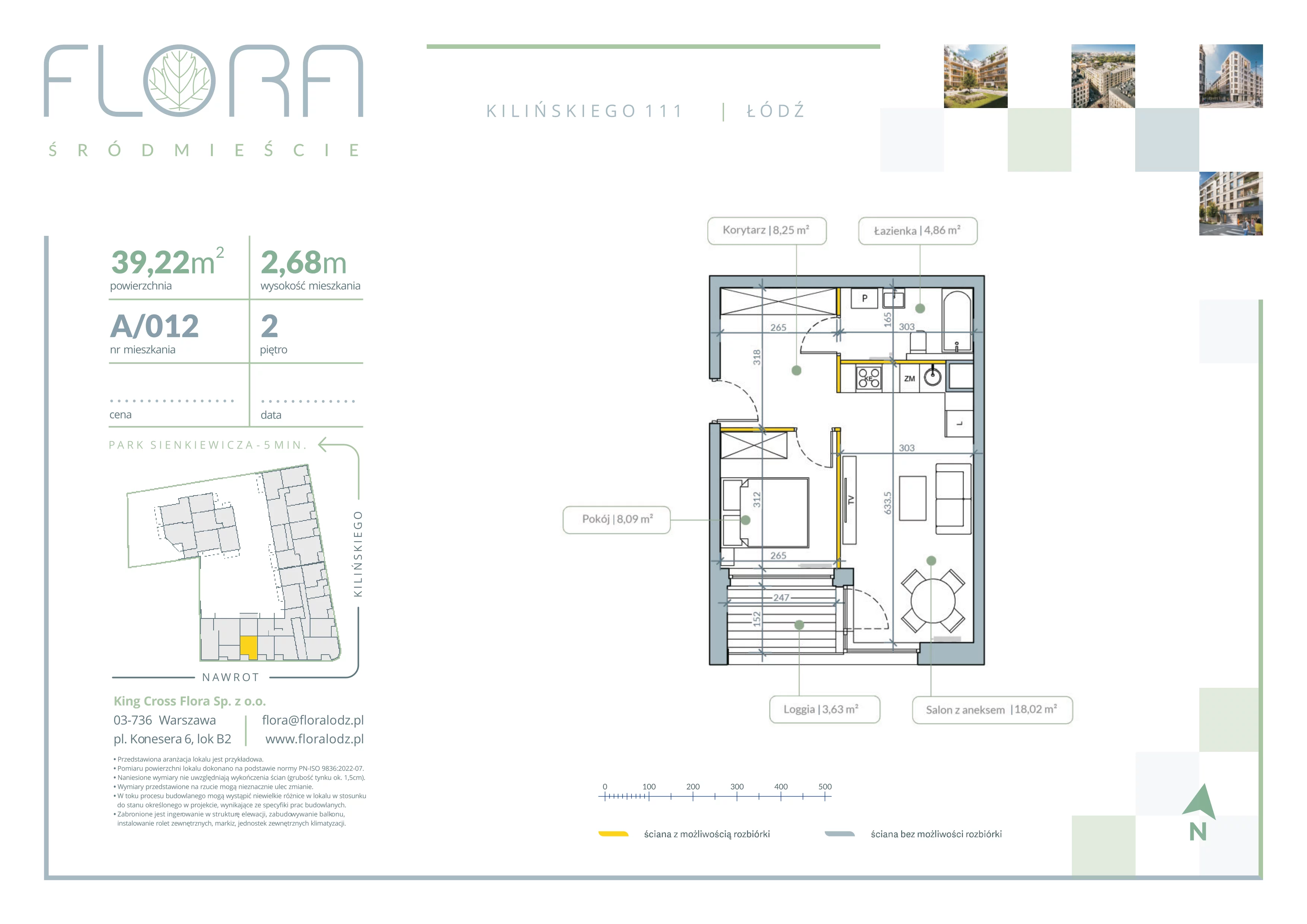 2 pokoje, mieszkanie 39,22 m², piętro 2, oferta nr 12, Flora Śródmieście, Łódź, Śródmieście, ul. płk. Jana Kilińskiego 111