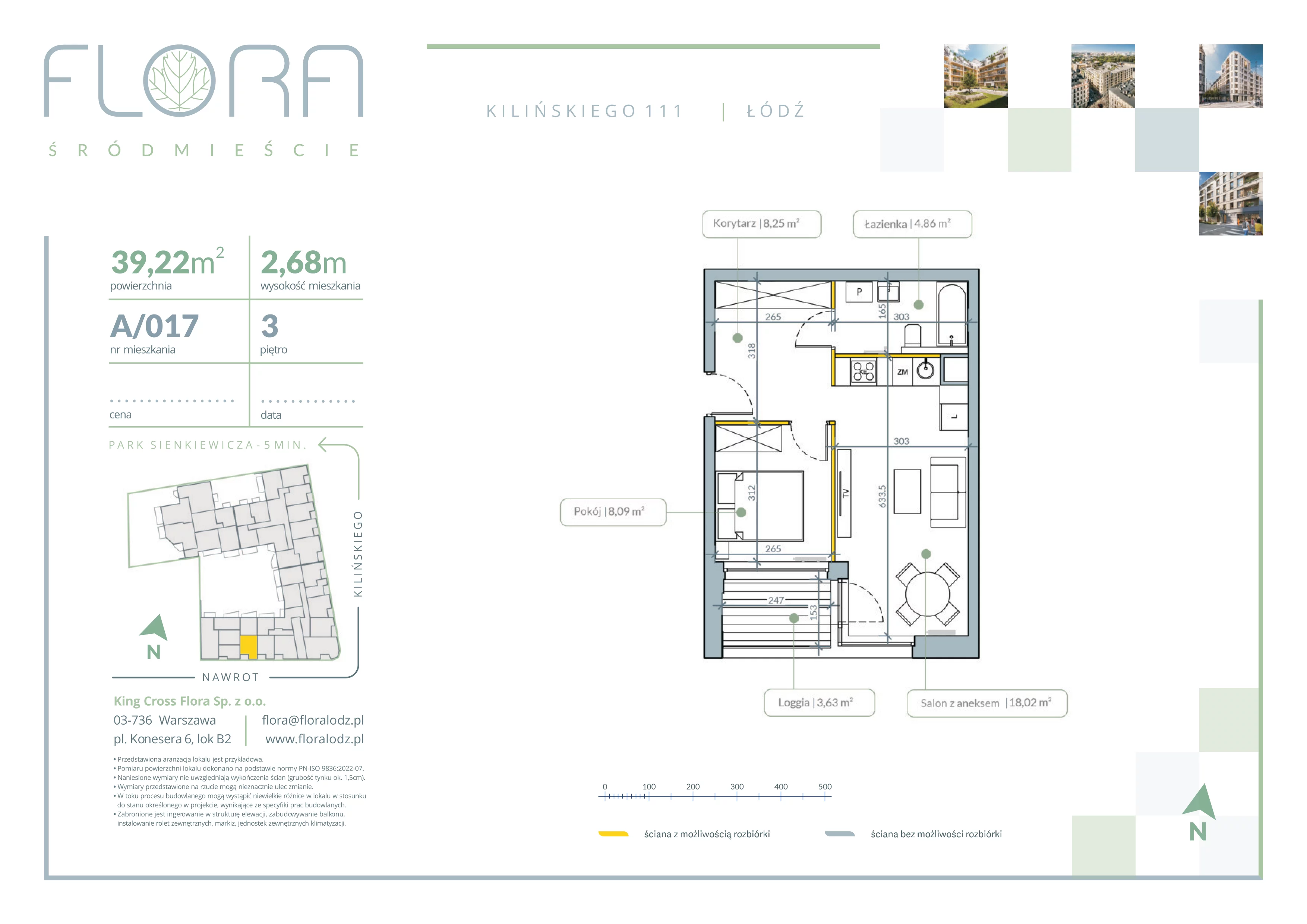 2 pokoje, mieszkanie 39,22 m², piętro 3, oferta nr 17, Flora Śródmieście, Łódź, Śródmieście, ul. płk. Jana Kilińskiego 111