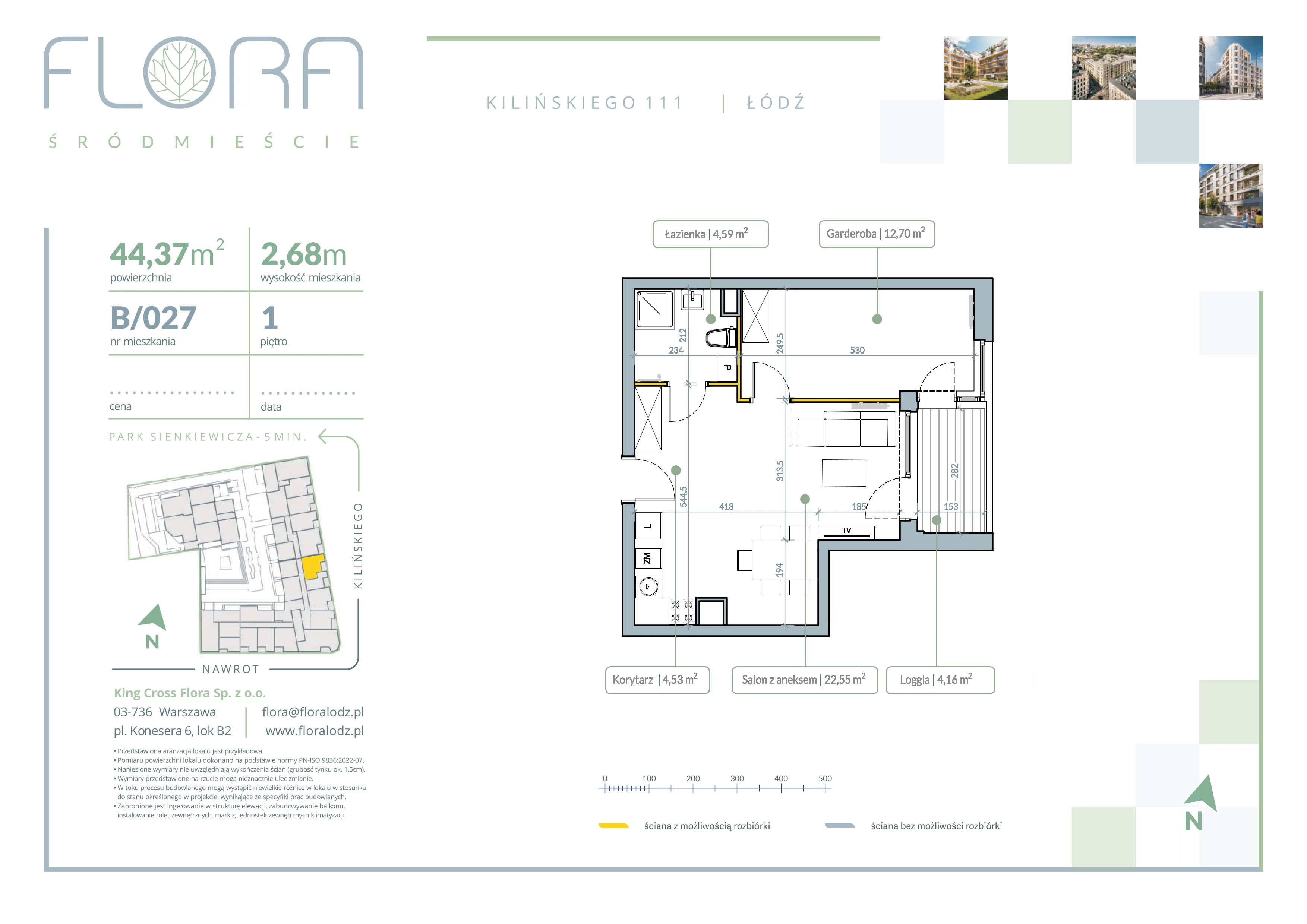 2 pokoje, mieszkanie 44,37 m², piętro 1, oferta nr 27, Flora Śródmieście, Łódź, Śródmieście, ul. płk. Jana Kilińskiego 111